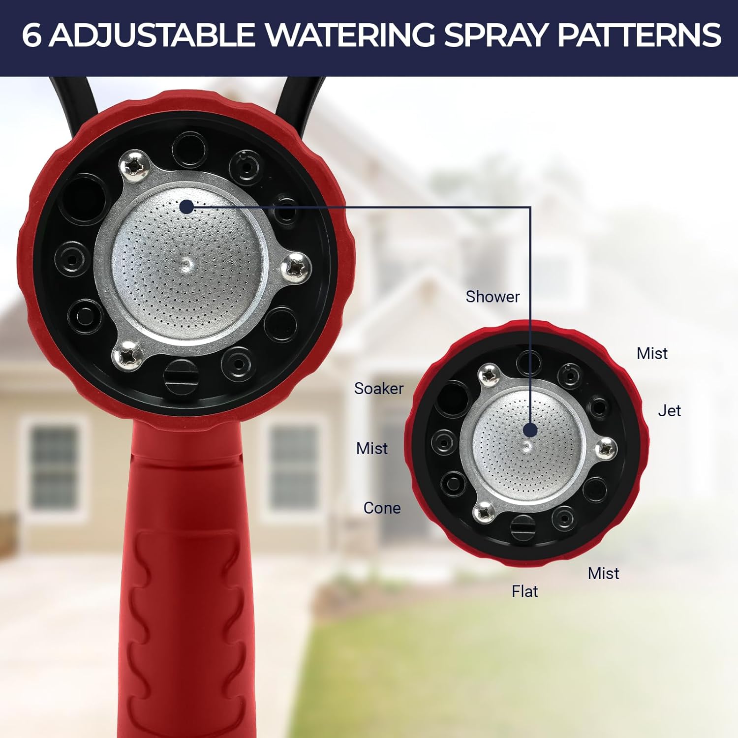 Garden Hose Nozzle, 6 Spray Patterns Heavy Duty Metal Water Nozzle with High Pressure for Watering, Cleaning, Washing (Red)