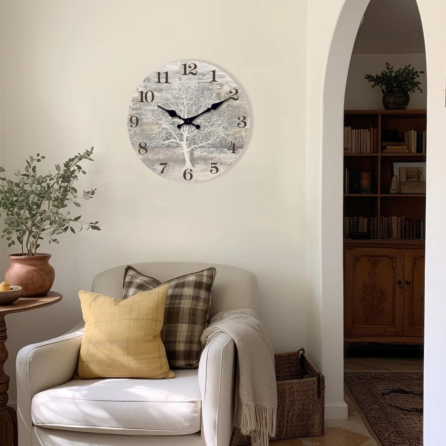 XFM Large Farmhouse Wall Clock Silent Wooden Wall Clocks Battery Operated 24 inch Rustic Country Tree of Life Clock Decorative for Kitchen Living Room Bedroom