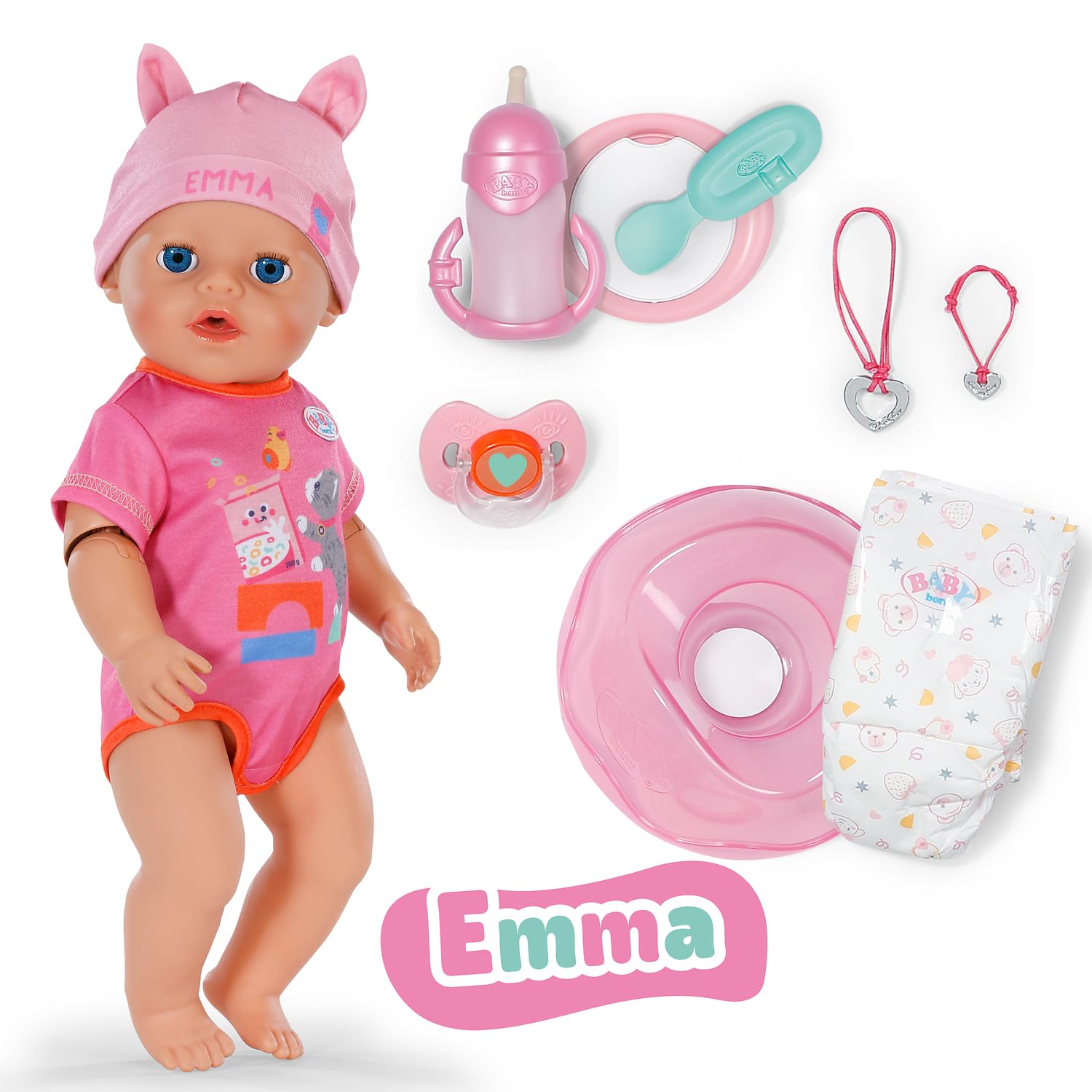 BABY born Emma, z funkcją Click & Play – lalka niemowlęca 43 cm z 10 funkcjami i akcesoriami, działa bez baterii