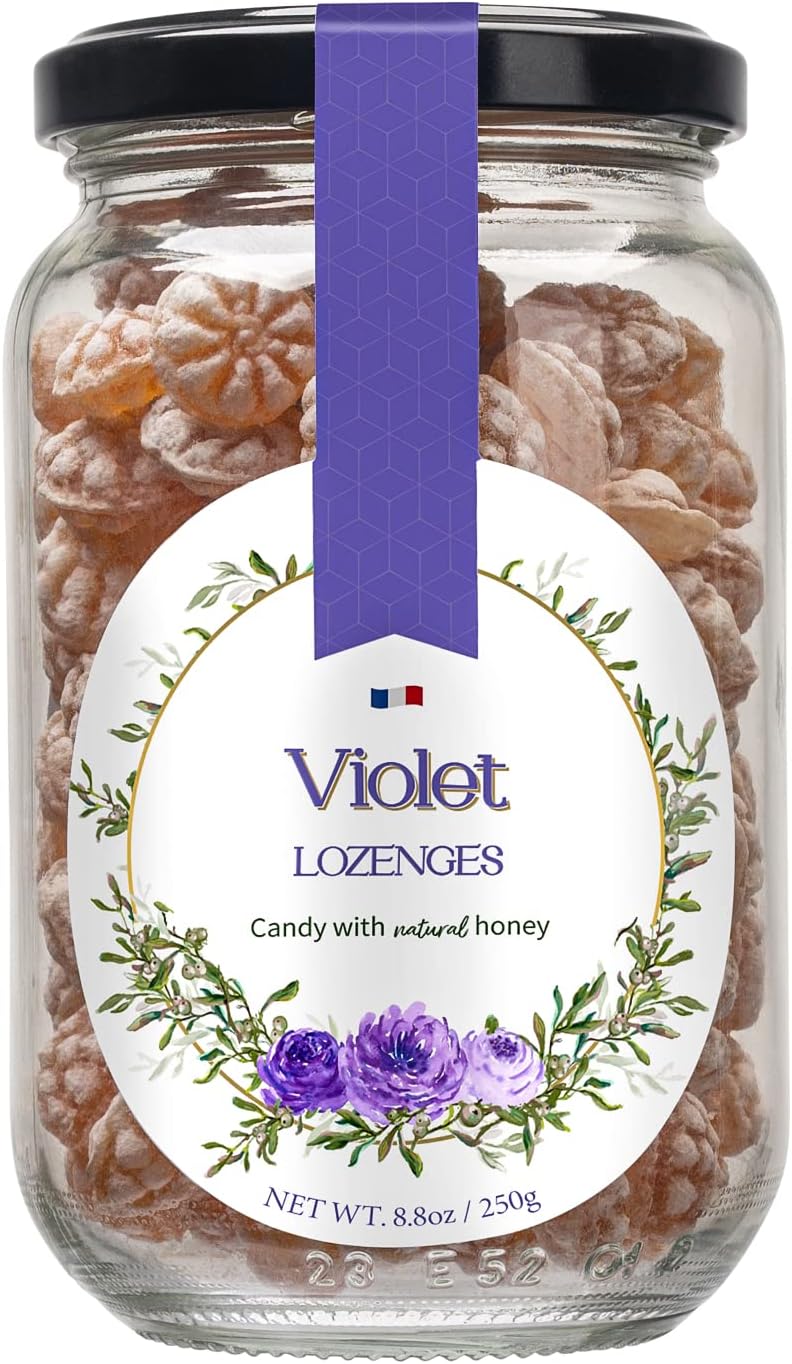 Violet Flavor Honey Lozenges Made with Real Honey and Natural Violet Flavor, Luxury French Candy, Great for Soothing your Throat, 8.8oz Jar