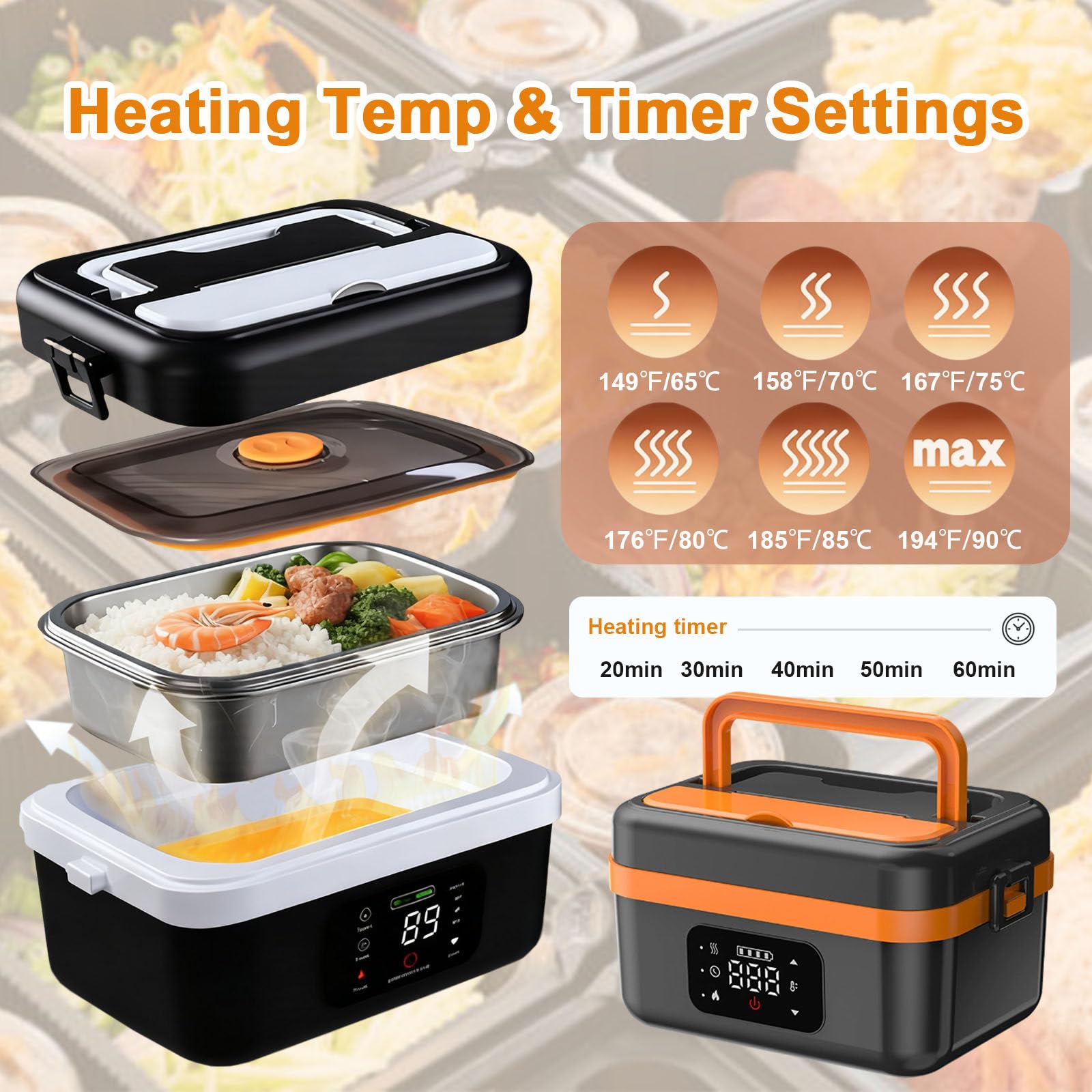 Contenitore per il pranzo elettrico con impostazioni di temperatura e timer, scaldavivande portatile senza fili, contenitore a prova di perdite per pasti caldi ovunque