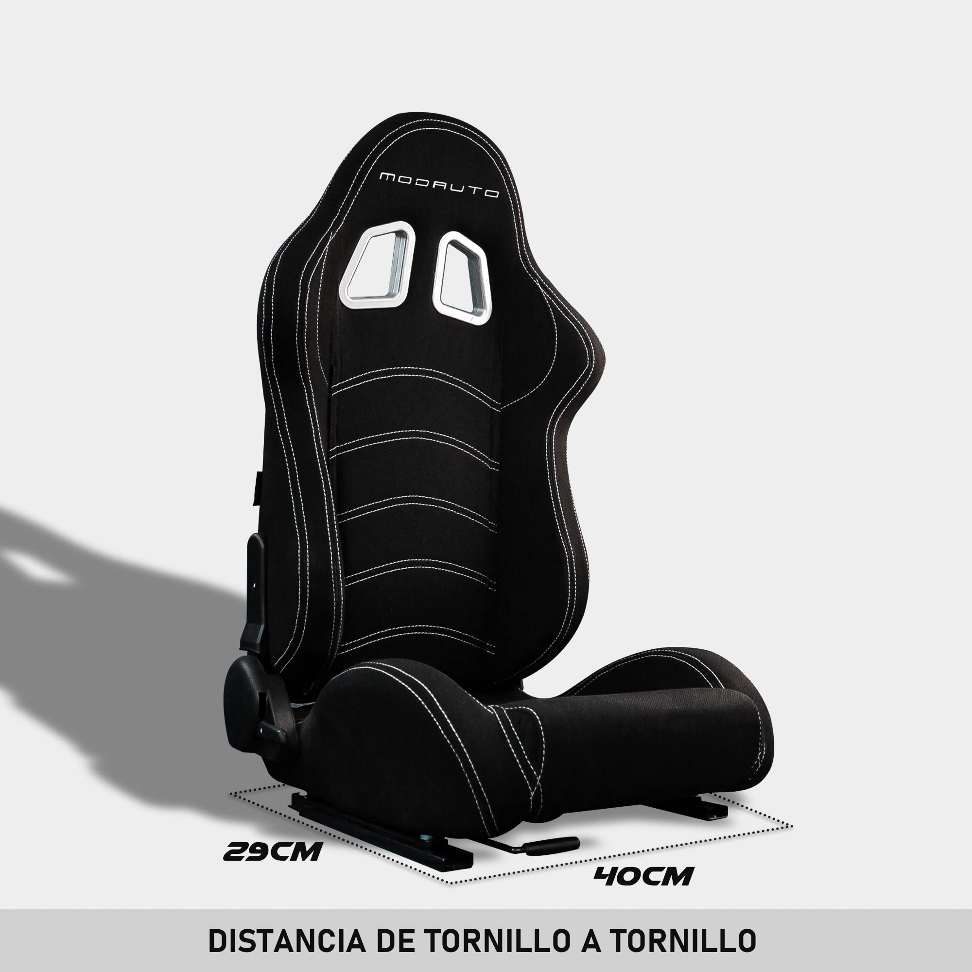 M MODAUTO Asiento Deportivo Coche,Semibaquet Ajustable,de Tela,Adaptable para Coches,Ríeles incluidos,para Simulador de Conducción,Modelo NW-180LR,Negro y Costura Blanca Logo,(Piloto+Copiloto)