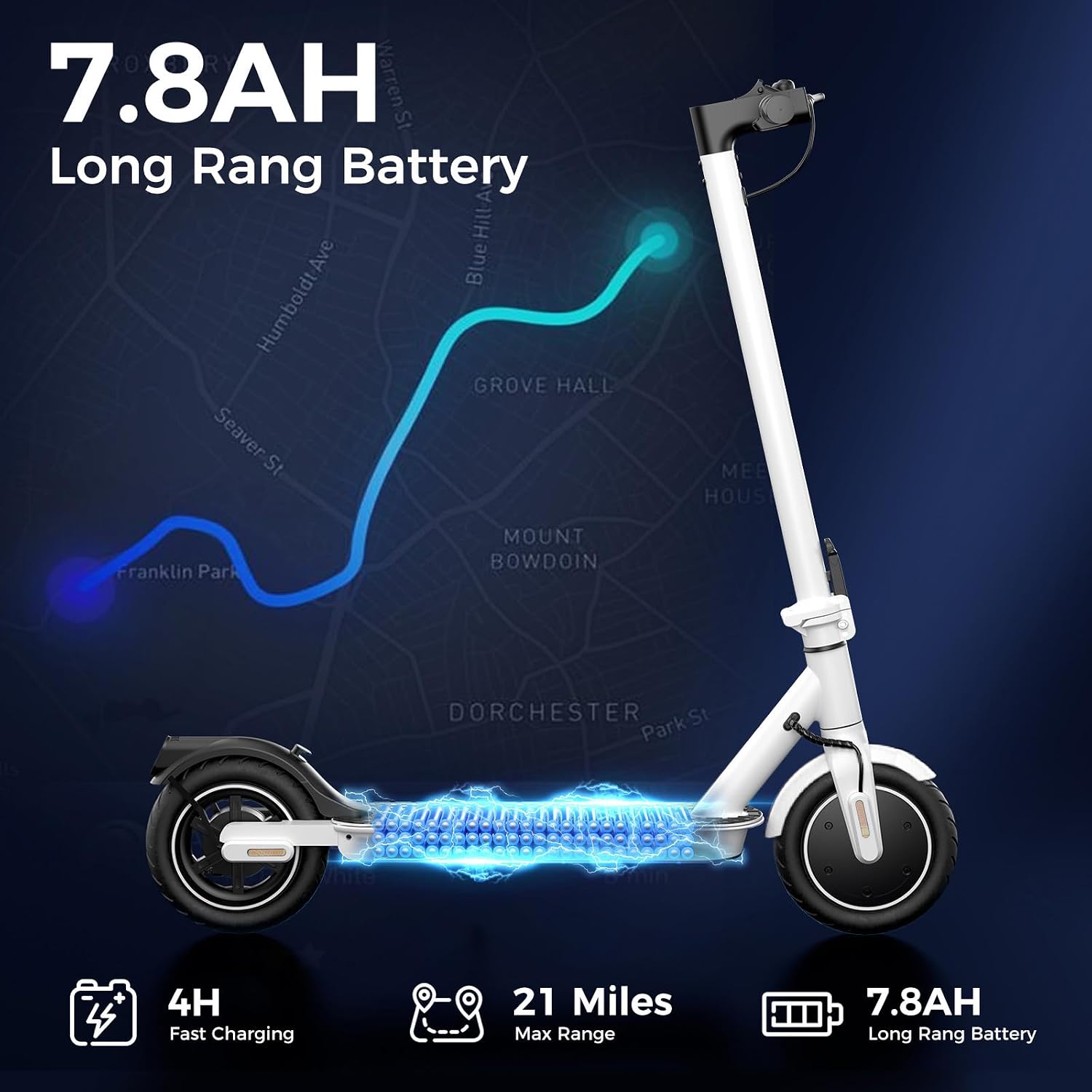 Image showing the HopCycle Electric Scooter with an overlay indicating a 7.8AH long-range battery, 4 hours fast charging, and 21 miles max range, with a map background.