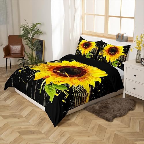 Miniatura 2 de Erosebridal Juego de ropa de cama de girasol, tamaño King, funda de edredón floral de flores amarillas, funda de edredón con notas musicales para
