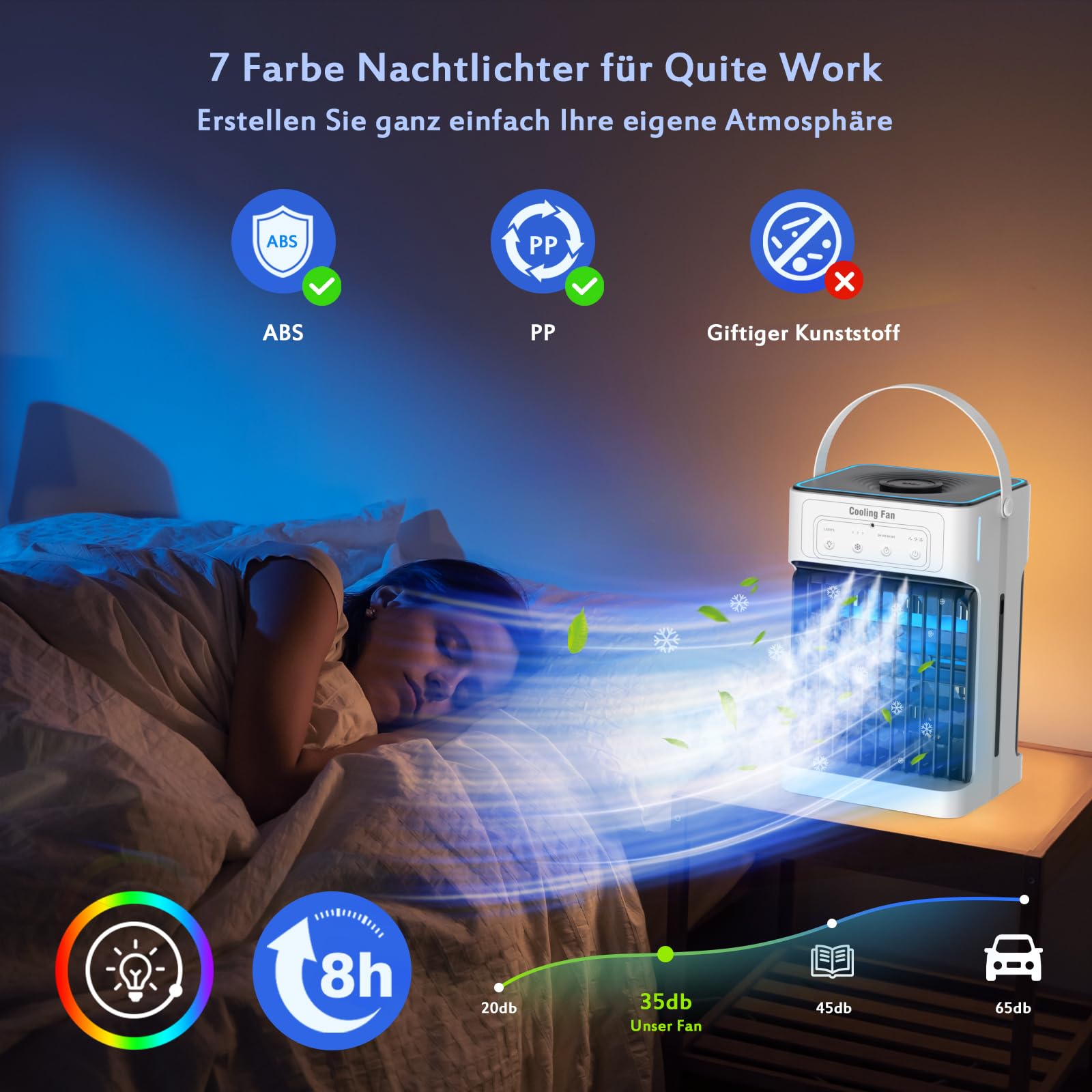 Mobile Klimaanlage,Mini Luftkühler mit Wasserkühlung und 1100ML Wassertank, 3 Luftgeschwindigkeiten & 3 Kühlnebel, 2-8H Timer & 7 LED Mobiles Klimagerät für zimmer,Wohnungen und Büro