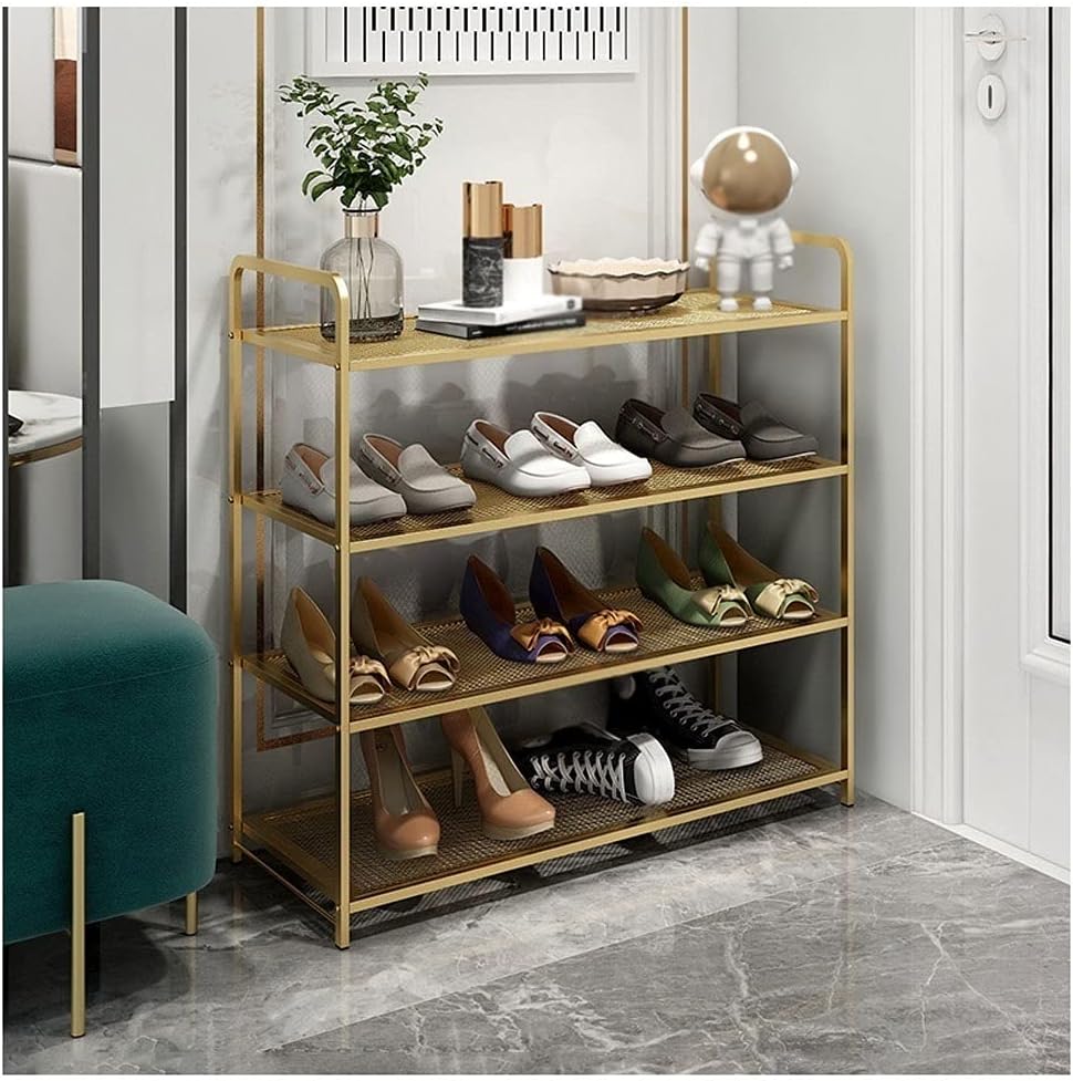 Free Standing Shoe Racks Shoe Closet Home Simple Shoe Cabinet 4-Layer Shoe Rack Storage Organizer 16 Pairs of Shoe Rack Gold Shoe Organizer for Closet Floor (Color : Gold) (Gold)