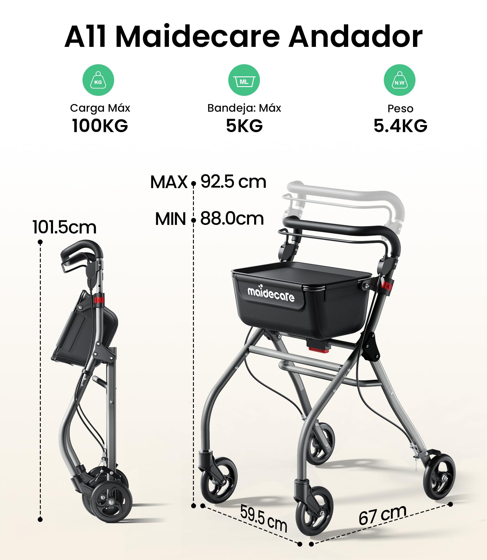 Andador para Ancianos, Andador Plegable con Asiento para Personas Mayores, Estrecho para Apartamento, Modelo de Interior Plegable y Ligero con Bandeja y Bolsa de Tela, 4 ruedas, Aluminio, Plata