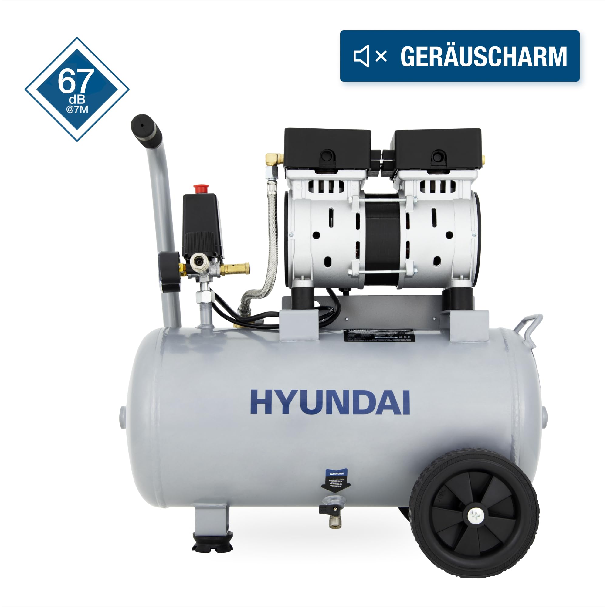 HYUNDAI Silent Kompressor SAC15024 SET | 24L Kessel | 1.5kW (2PS), 9bar | 202 L/Min Ansaugleistung | Luftkompressor leise, ölfrei | 1 Anschluss | geräuscharmer Flüsterkompressor | mit Zubehör