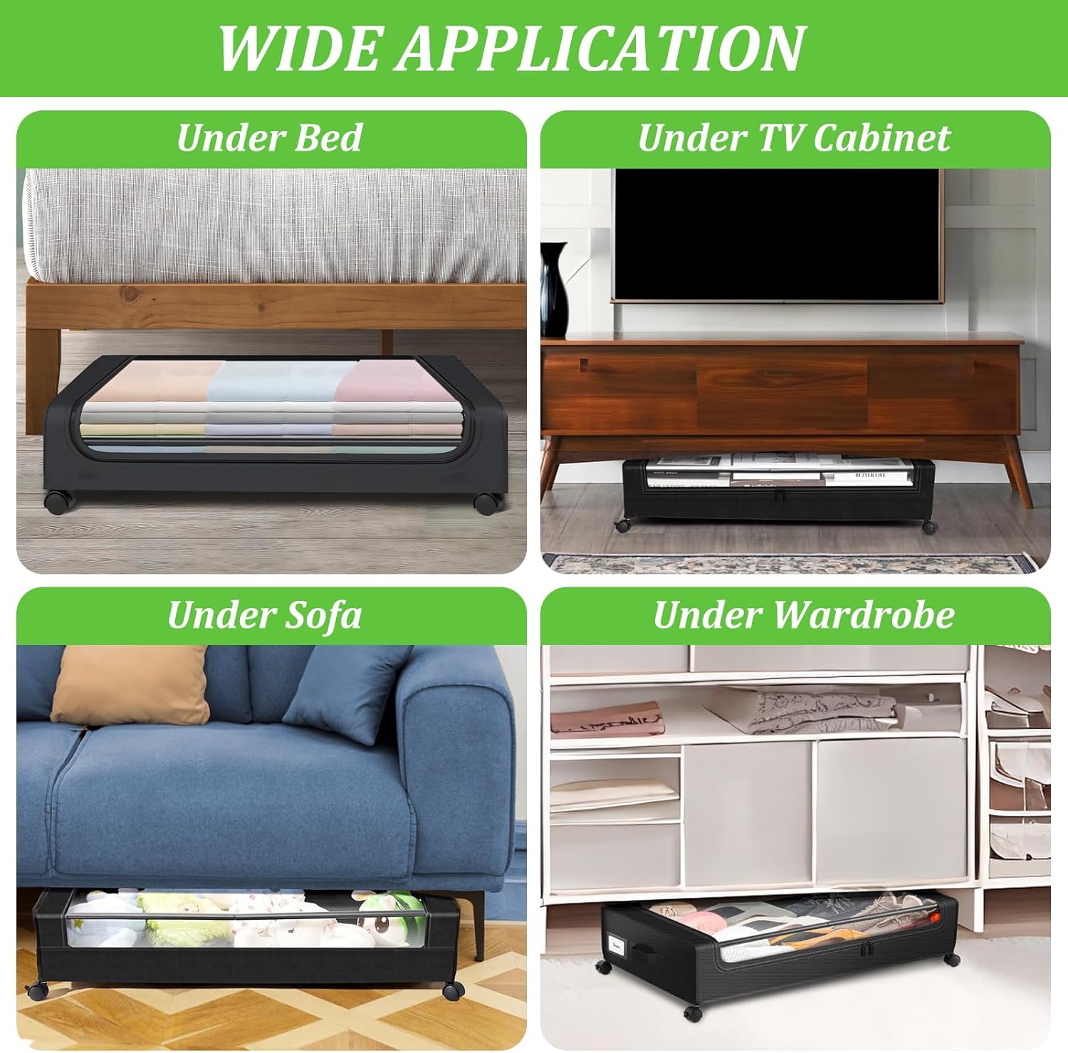 Under Bed Storage with Wheels, 46L Under Bed Storage Containers with Clear Lids, Rolling Under the Bed Storage Organizer Bins for Toys Clothes Book Blanket, Black, 2 Pack