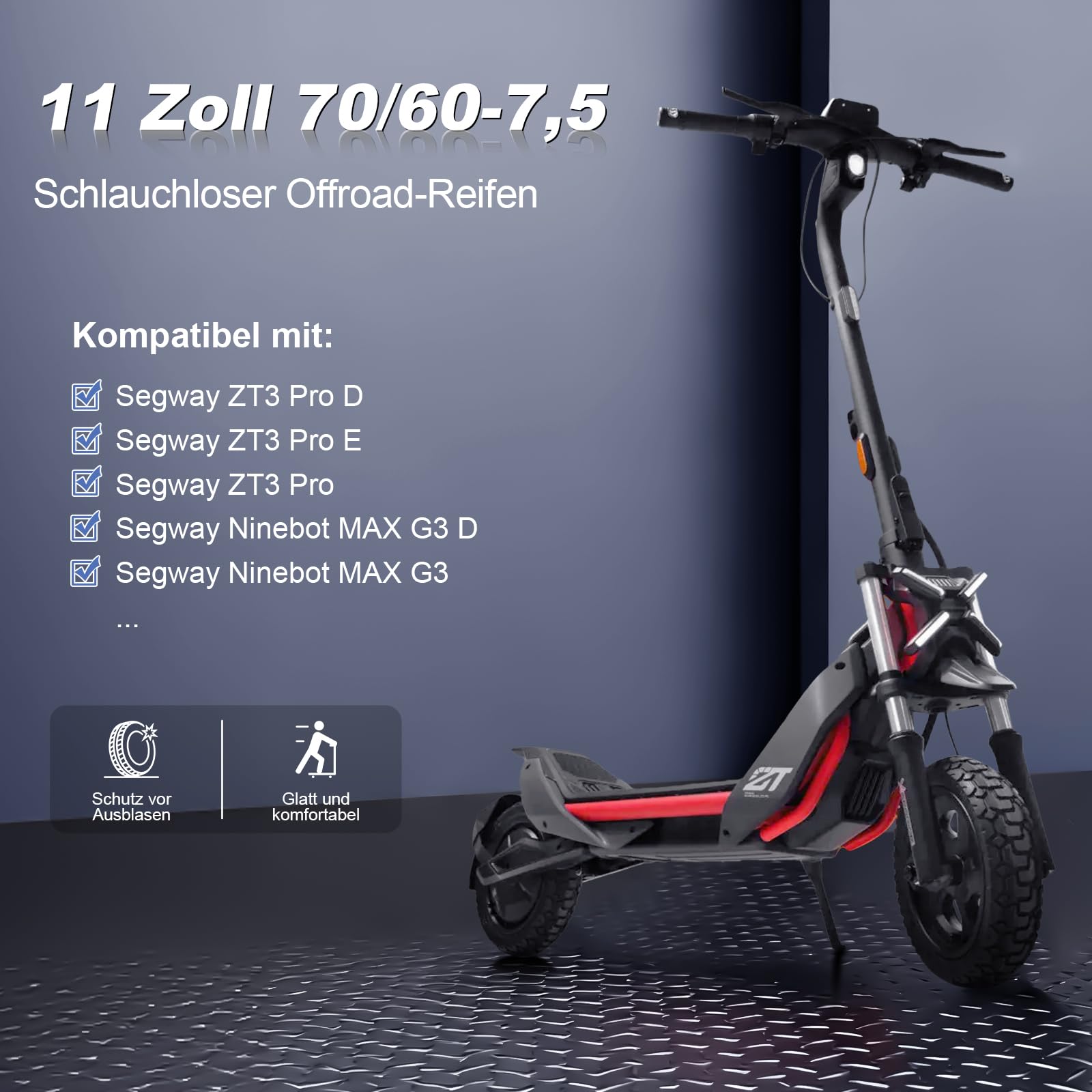 70/60-7,5 Schlauchloser Reifen für Segway ZT3 Pro/ProE/ProD/Ninebot MAX G3 D, 11 Zoll Tubeless Reifen, Verschleißfester Luftreifen Verdickte Straßenreifen Ersatzräder (1 Stück)