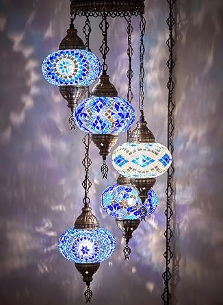 DEMMEX - 5-Large 7 Globes Turkish Moroccan Mosaic Plug-in Chandelier - Colorful Bohemian Pendant Light with 15-ft Cord&Chain, Exotic Swag Ceiling Lamp for Living Room, Bedroom, 4ft Drop, Blue
