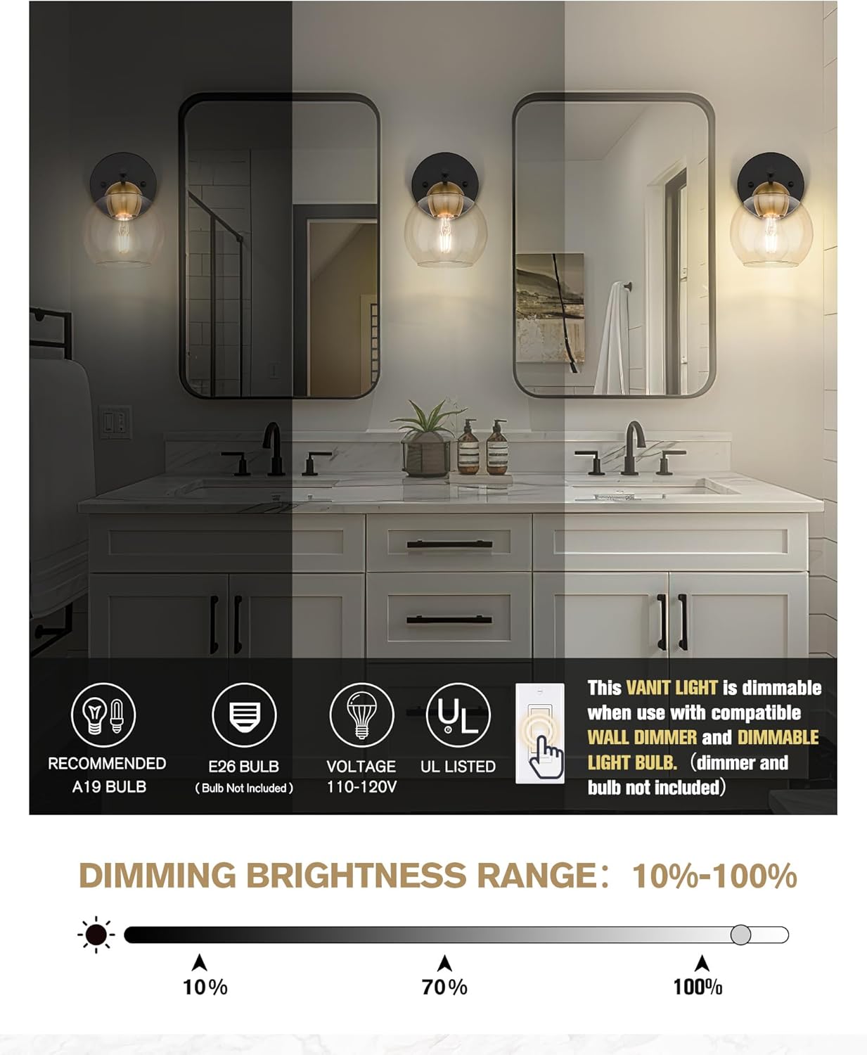 Emak Black and Gold Sconces Set of Two, Modern Globe Vanity Lights with Clear Glass Shade, Wall Sconce for Living Room, Pictures, Bedroom, Bathroom, Hallway, WS114-BKBGD-2PK