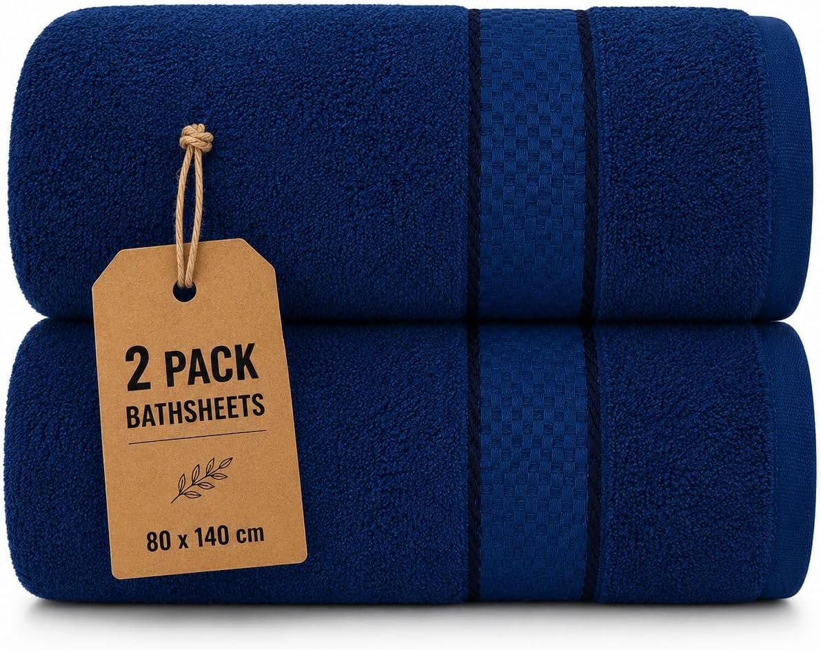 Casabella Pack of 2 Large Jumbo Bath Sheets 100% Egyptian Combed Cotton Big Beautiful Towels_Blue_2pcs