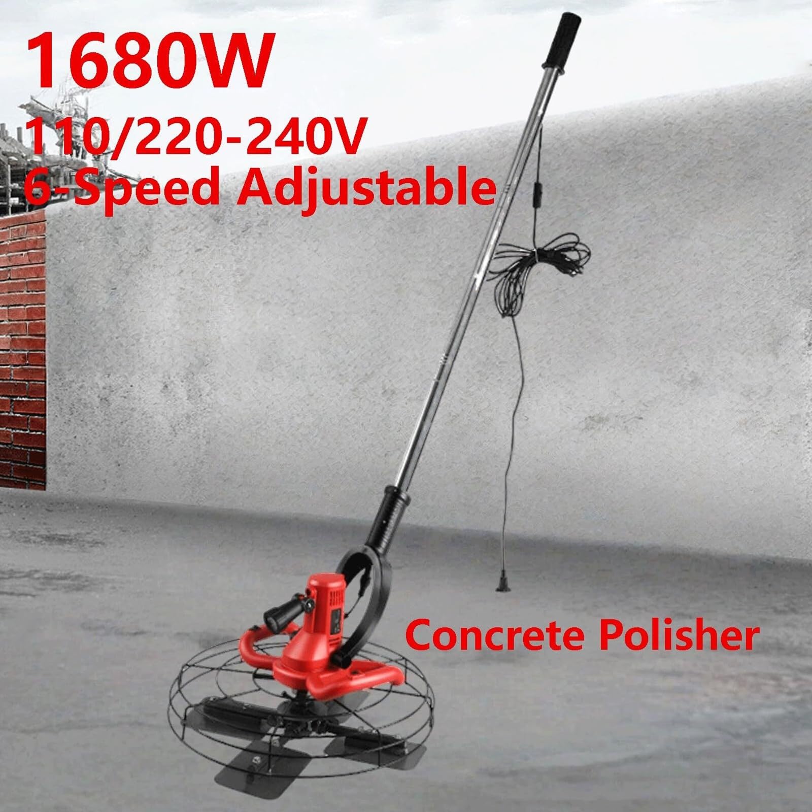 Elektryczna zacieraczka do betonu o mocy 1680 W, 4-ostrzowa polerka do betonu z przedłużką 130 cm, oświetlenie LED, 6-biegowa regulacja, kielnia do zaprawy tynkarskiej
