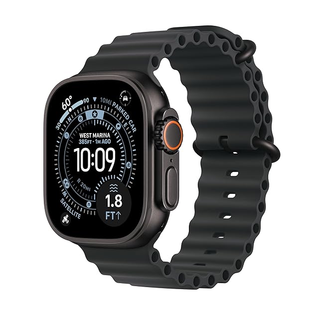 Apple Watch Ultra 3 GPS plus Cellular 49mm in rugged titanium case with black ocean band, the large always-on Retina display showing the multisport workout face with elevation and pace on a wooden coffee table — the September 2025 expedition-tier launch with satellite messaging and 36-hour battery