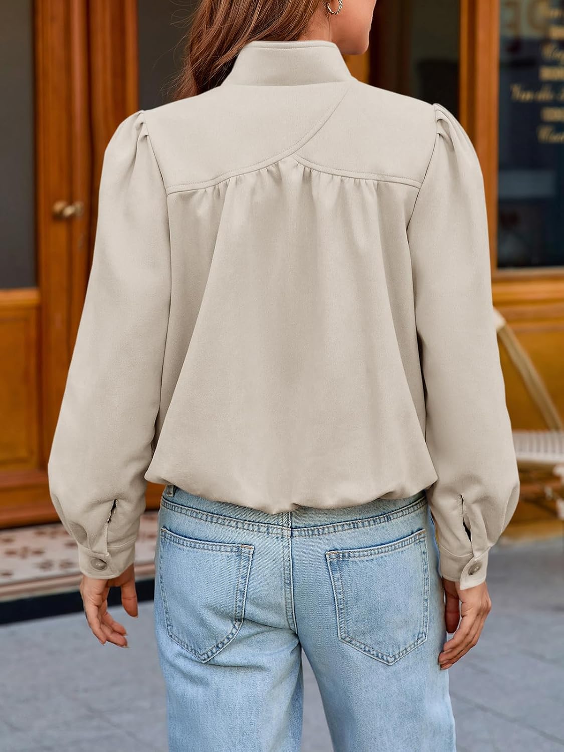 Tankaneo Womens Faux Suede Bomber Jackets Casual Cropped Stand Collar Coats Vintage Button Down Shackets - Image 5