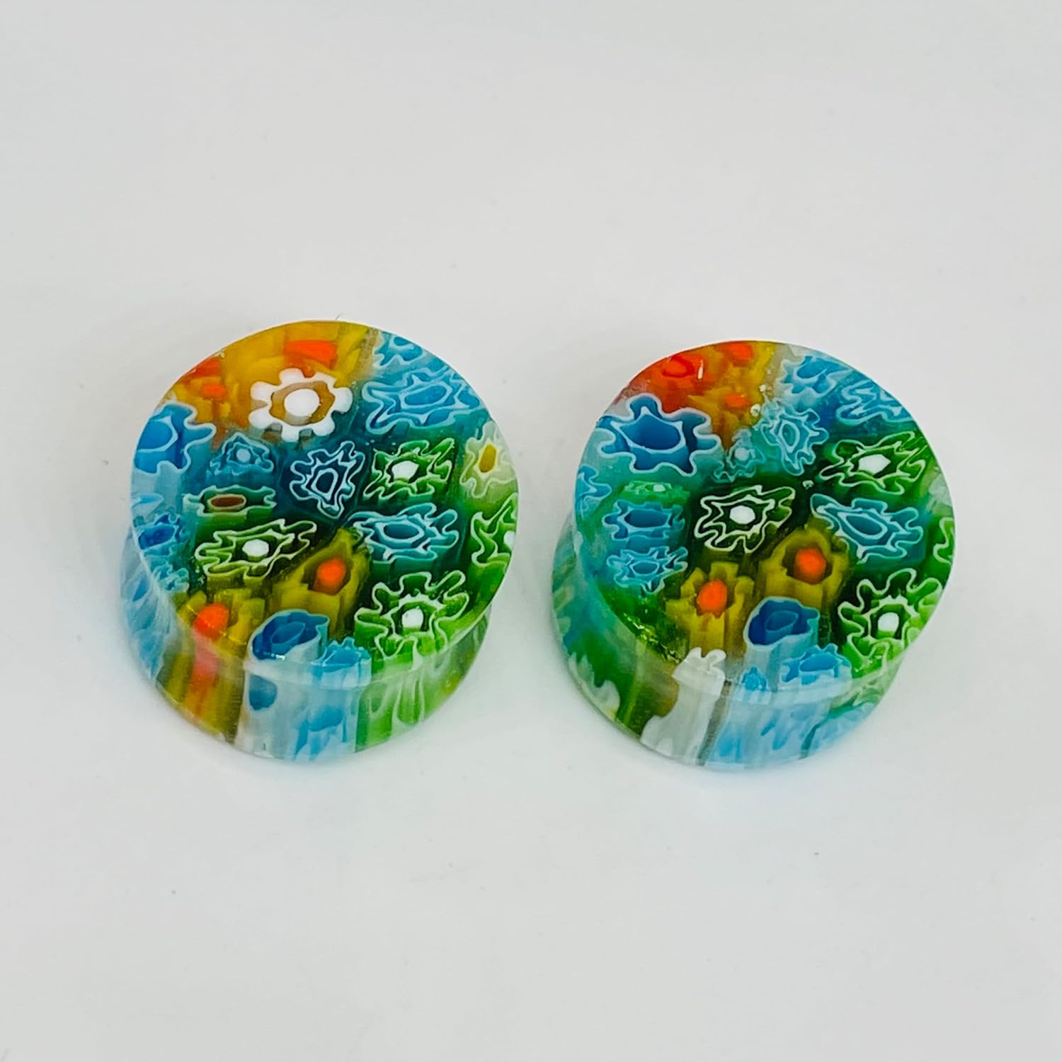 Uni Craft Handmade Millefiori Murano Glass Ear Plugs | Double Flared Saddle Gauges for Stretched Ears | Hypoallergenic Floral Body Piercing Jewelry | Sold as a Pair