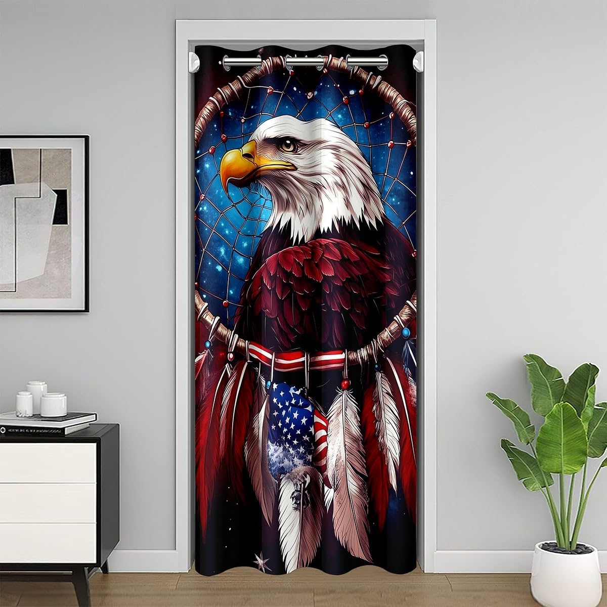 Wild Eagle Door Curtain for Doorways Privacy Animal Feather Dream Catcher Doorway Curtain Western Rustic Tribe All Season Blackout Curtain USA Flag Door Drape, 34" W X 80" L