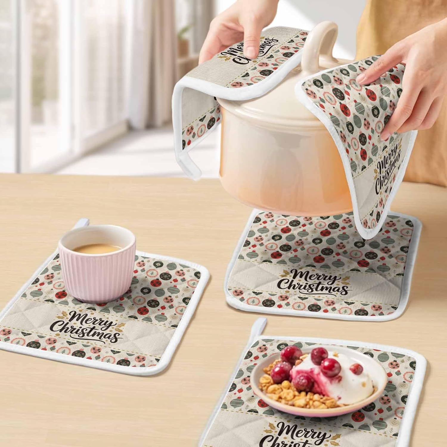 5 Pack Pot Holders for Kitchen, Merry Christmas Hot Pads for Kitchen Countertops Oven Pot Holder Bulk, Retro Winter Watercolor Coloful Ball Heat Insulation Potholders with Hanging Loops