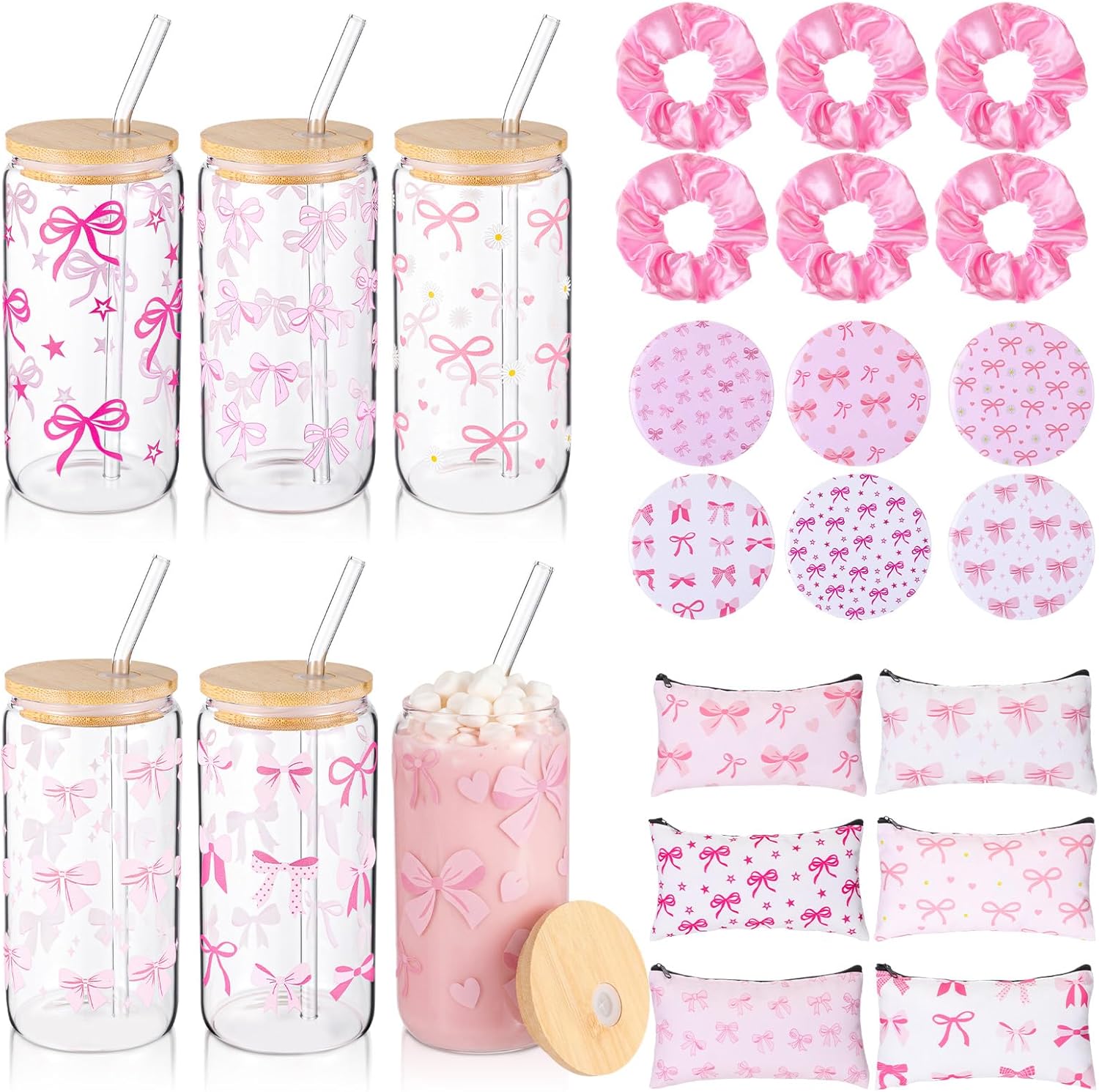 LemonRoad 24 Pcs Pink Bow Glass Cups with Lids Compact Mirrors Coquette Bow Cosmetic Makeup Bag Pink Hair Scrunchies Ties for Women Birthday Wedding Gift Bridesmaid Bridal Valentines Galentines