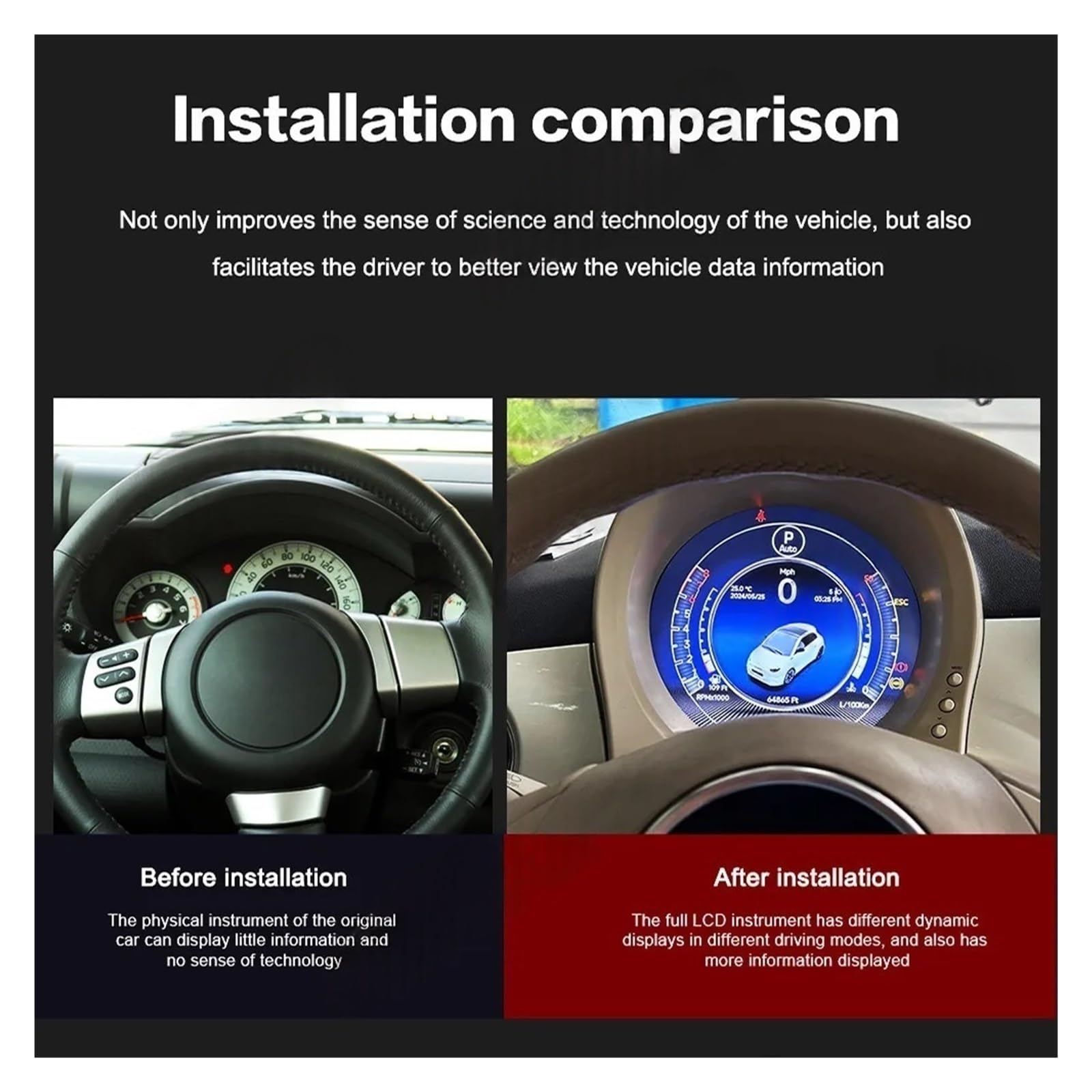 Tachimetro LCD da 7 pollici con schermo rotondo, compatibile con Fiat 500 2007-2024, strumento digitale for pannello di pilotaggio virtuale