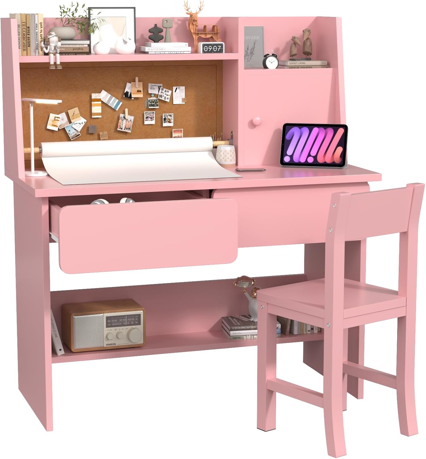 Pink Kids Desk and Chair Set for 5-12 Year Old, Childrens Drawing Desk with Wooden Tabletop Paper Roll Dispenser, Kids Study Table with Drawers and Storage Shelf-mE35