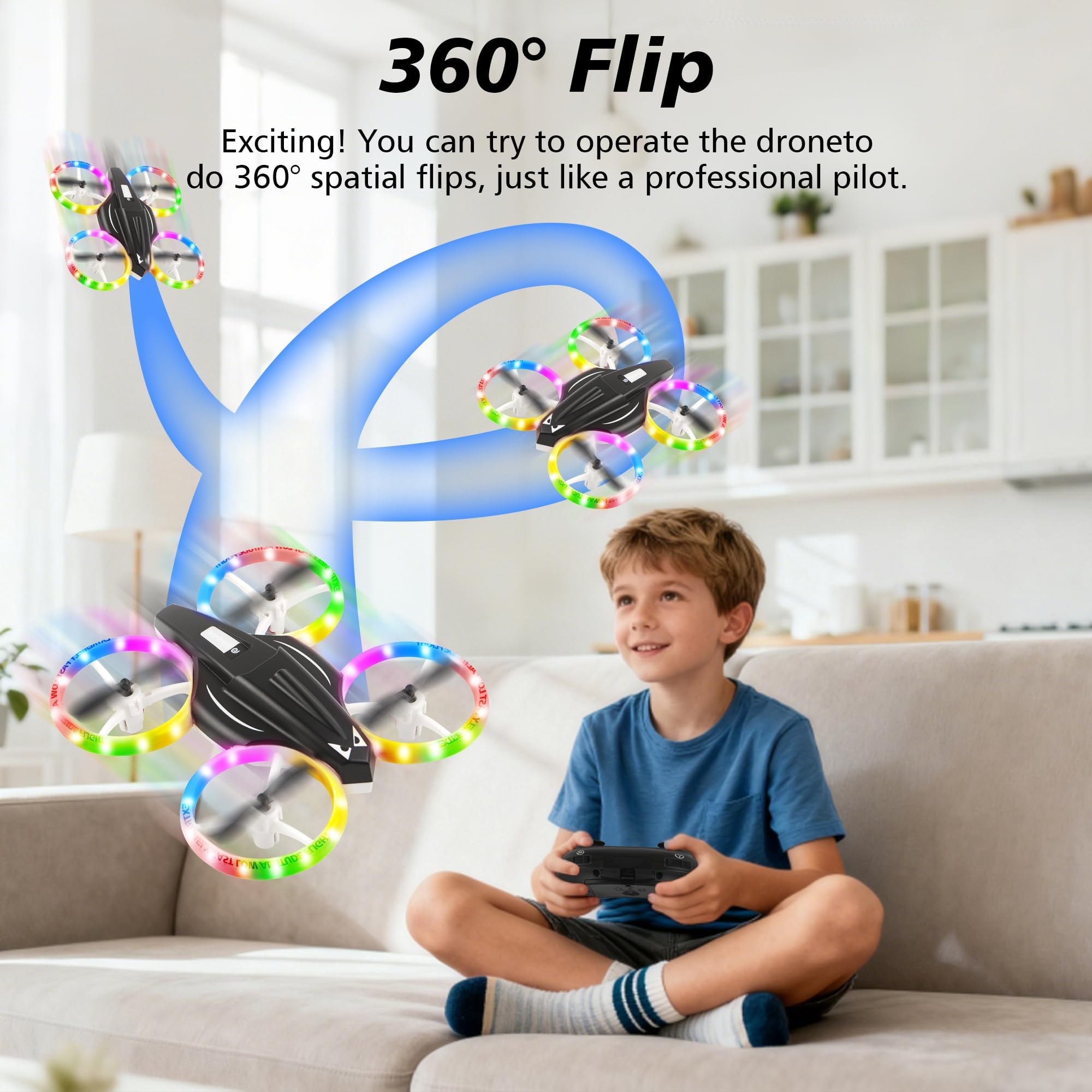 Mini-Drohne für Kinder, ferngesteuertes Spielzeugflugzeug für Kinder und Anfänger mit LED-Lichtern, ferngesteuerte Drohne mit 360°-Drehung, 2 Akkus