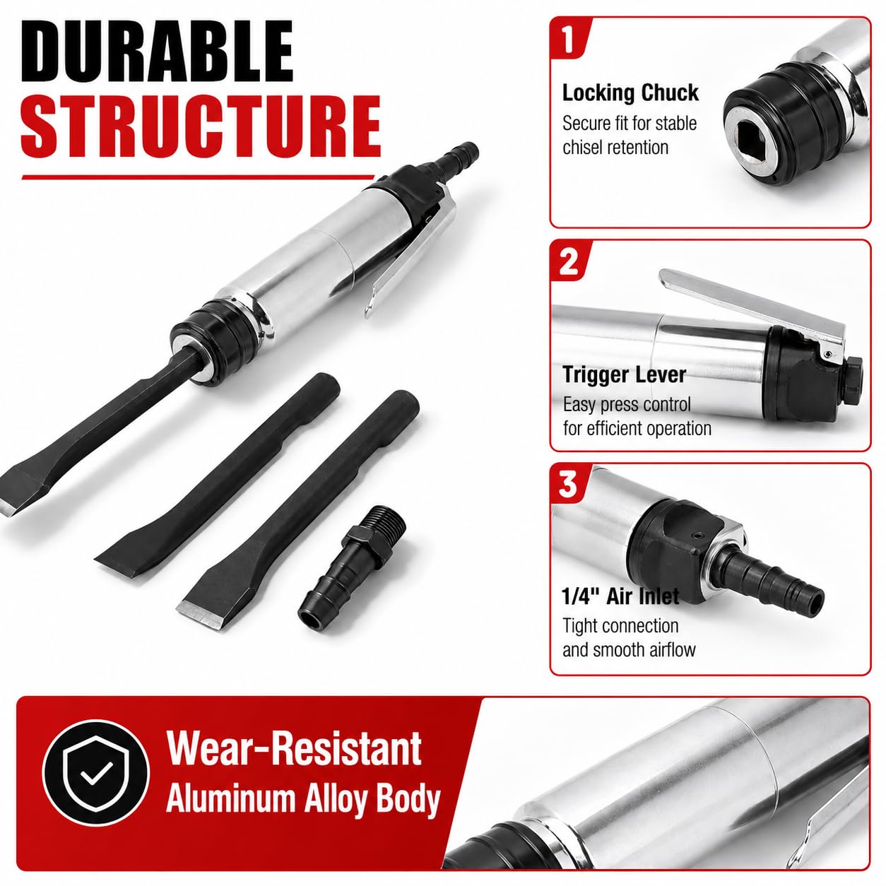 Burin Pneumatique, 6500BPM 420 L/Min Burineur Marteau Pneumatique De Type Droit Avec 2 Burins 14cm, Jeu De Compact Marteau Piqueur Pelle à Air Comprimé Brise-BéTon Pour Démolir Les Murs En Béton