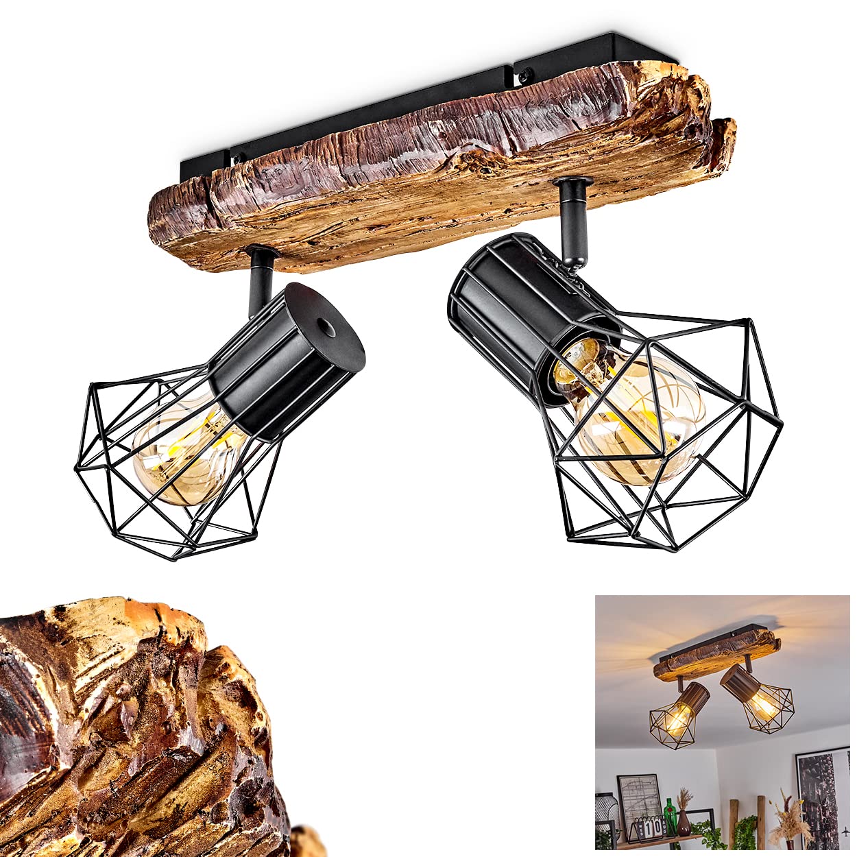 Hofstein Black Ceiling Lamp Bardhaman, Ceiling Lamp Made Of Metal In /Wood Optic, Retro/Vintage Design Spot With Adjustable Lampshades In Lattice Optic With Light Effect, 2-Flame, E27 Socket, Without Bulb