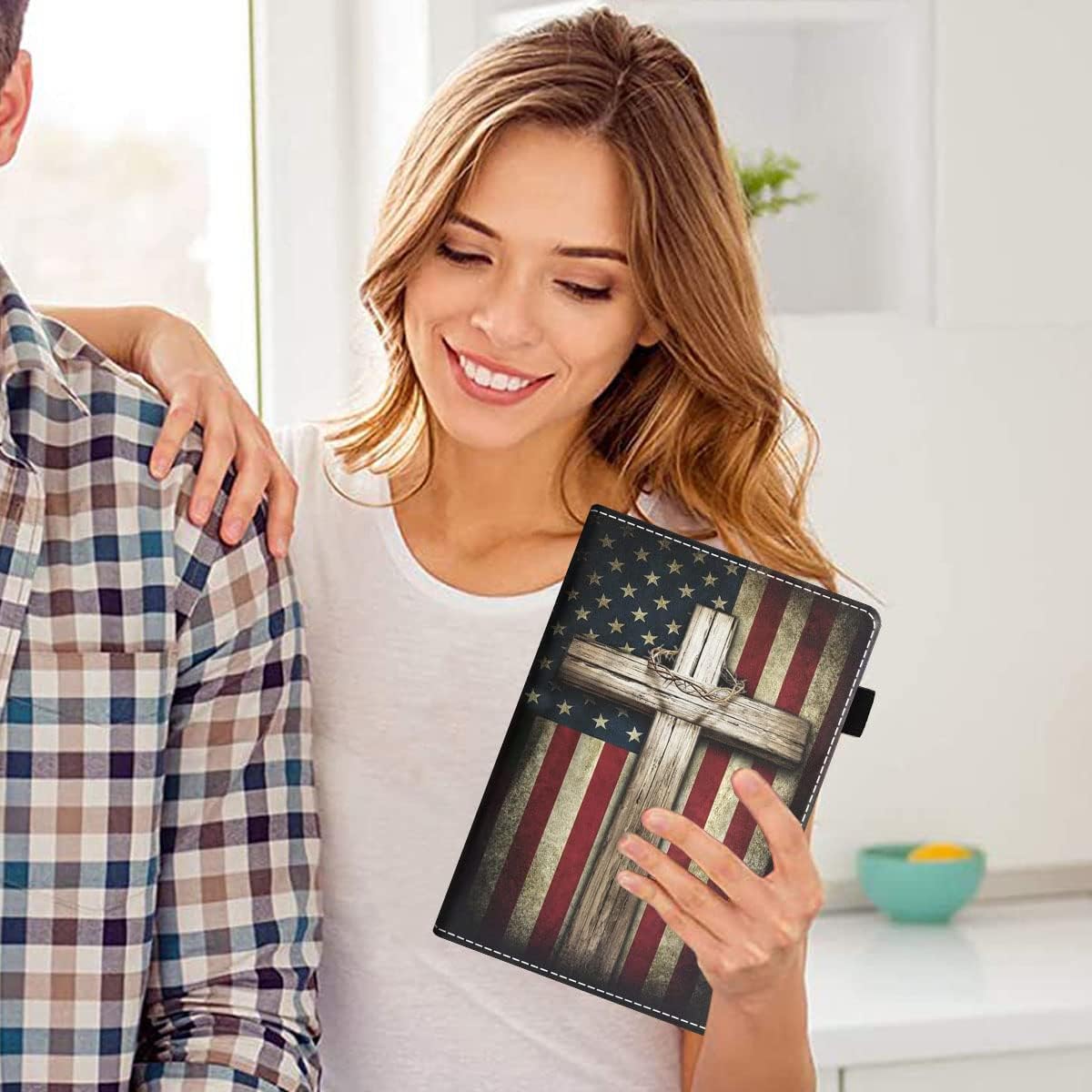 Case for Amazon Kindle Fire HD 10 & Fire HD 10 Plus Tablet (11th Generation, 2021 Release), Premium PU Leather Stand Cover with Smart Auto Wake, American Flag and Cross