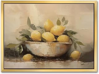 AIMAILON Vintage Gold Canvas Wall Art Framed Decor Classical Print Home Decoration for Kitchen Living Room Expressive Brushstrokes Yellow Lemon Lemon with Leaves Still Life Picture 12x16