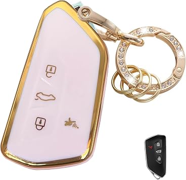 Key Fob Cover for VW ID4 ID3 MK8 Golf GTI Skoda Octavia Replacement for Keyless Entry Remote Key Shell with Keychain 4-Button-Gold-Pink