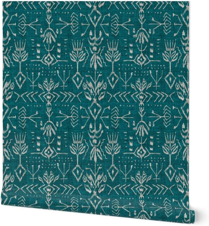 Peel & Stick Wallpaper 3ft x 2ft - Ikat Teal Green Geometric Aqua Geo Tribal Mud Cloth Custom Removable Wallpaper by Spoonflower