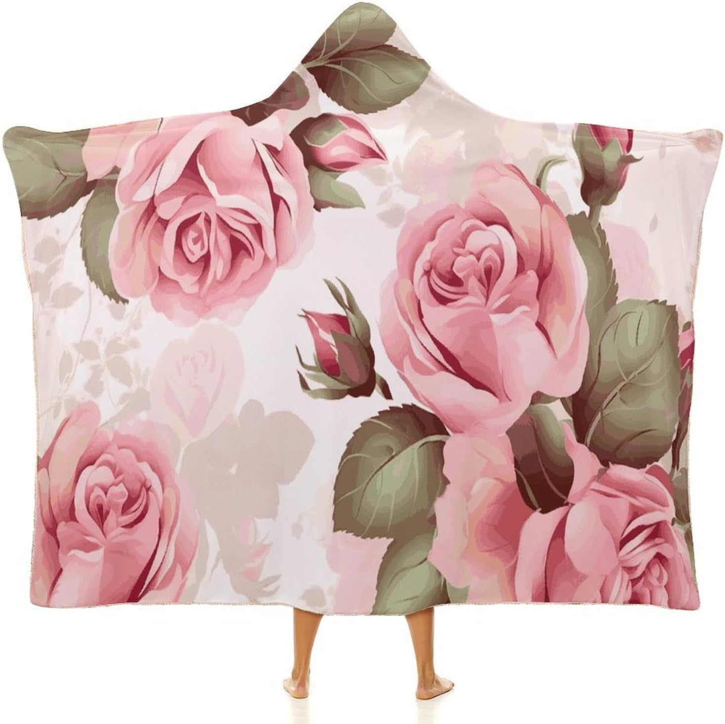 Pink Rose Floral Wearable Fleece Blanket with Hood for Men & Women Oversized Hoodie Blanket Soft Cozy Gift-