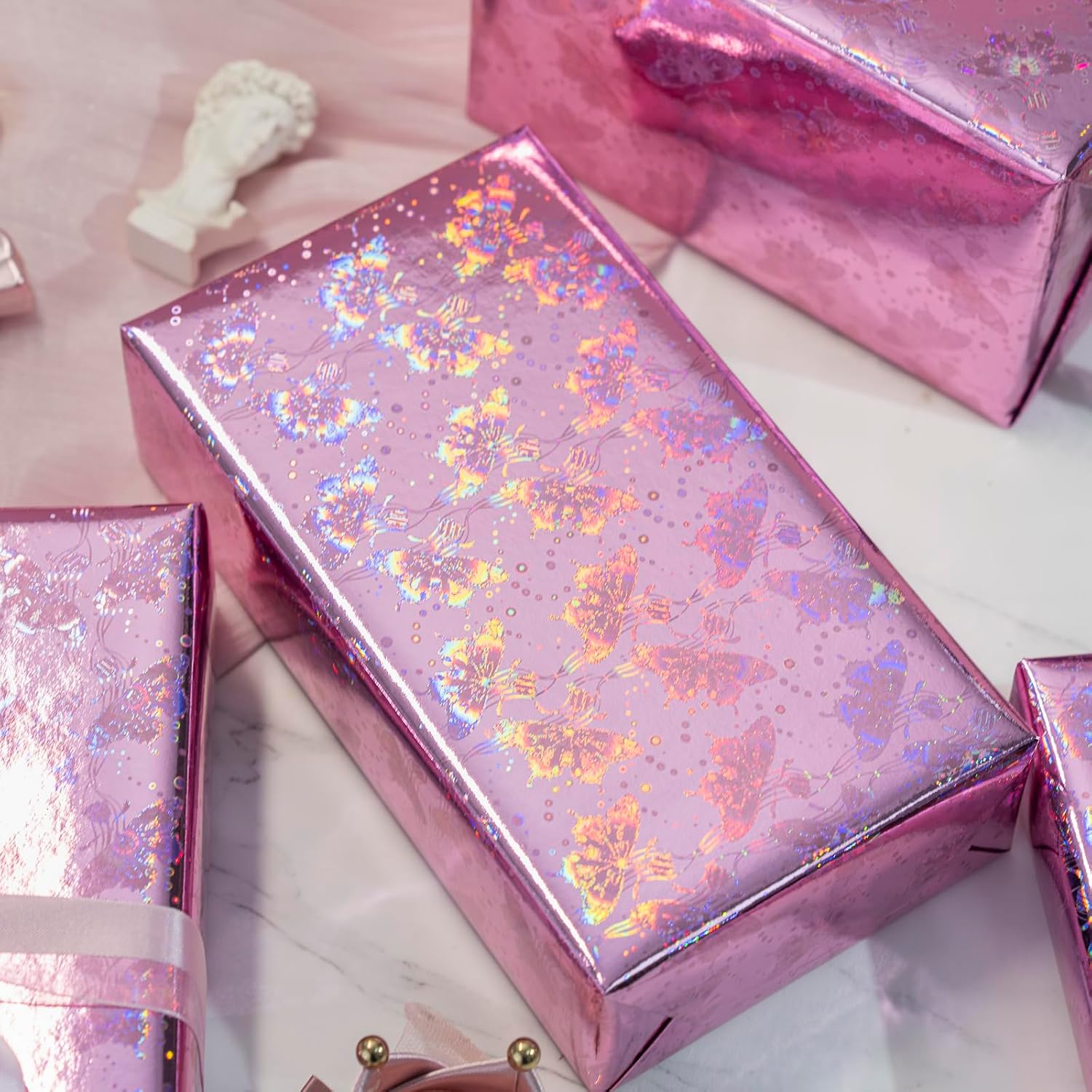 Burymento Pink Butterfly Wrapping Paper Roll, Metallic Holographic Butterfly Gift Wrap for Birthday, Valentines, Mothers day, Graduation, Wedding, Fathers day, Baby Shower, Christmas (17 IN x 32.8 FT) image 3