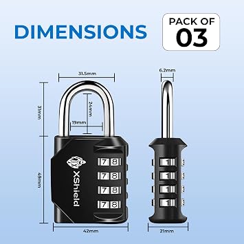 XShield 4-Digit Combination Padlock | Heavy-Duty Keyless Lock with 10,000 Code Options | Weather-Resistant Alloy Body | Ideal for Lockers, Gates, Gym, Outdoor & Travel – Black (Pack of 3)