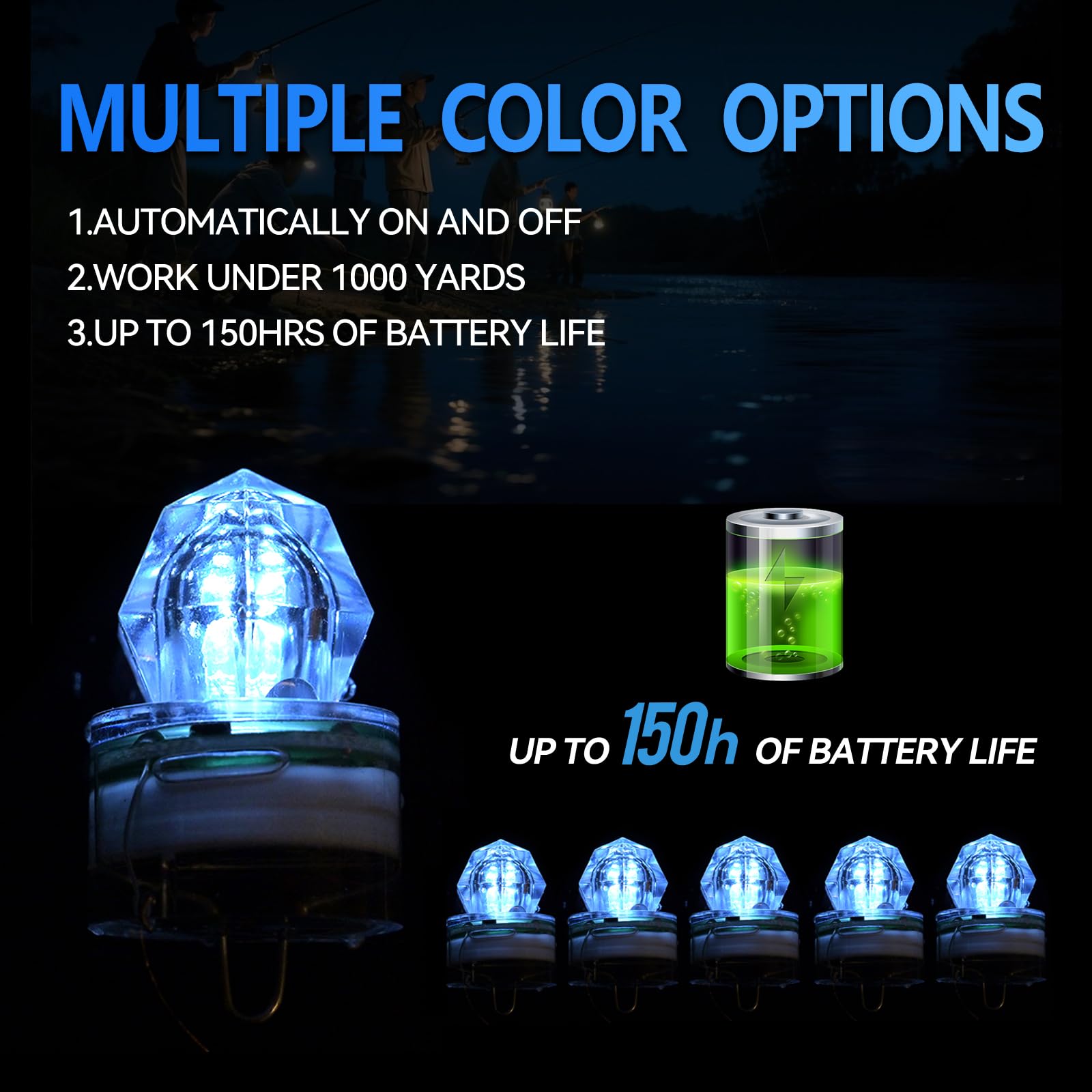 DUNKTEAM 5PCS Diamond LED Fishing Lights?Deep Drop Fishing Lures?Water-Activated Fishing Attractants Light for Saltwater Freshwater