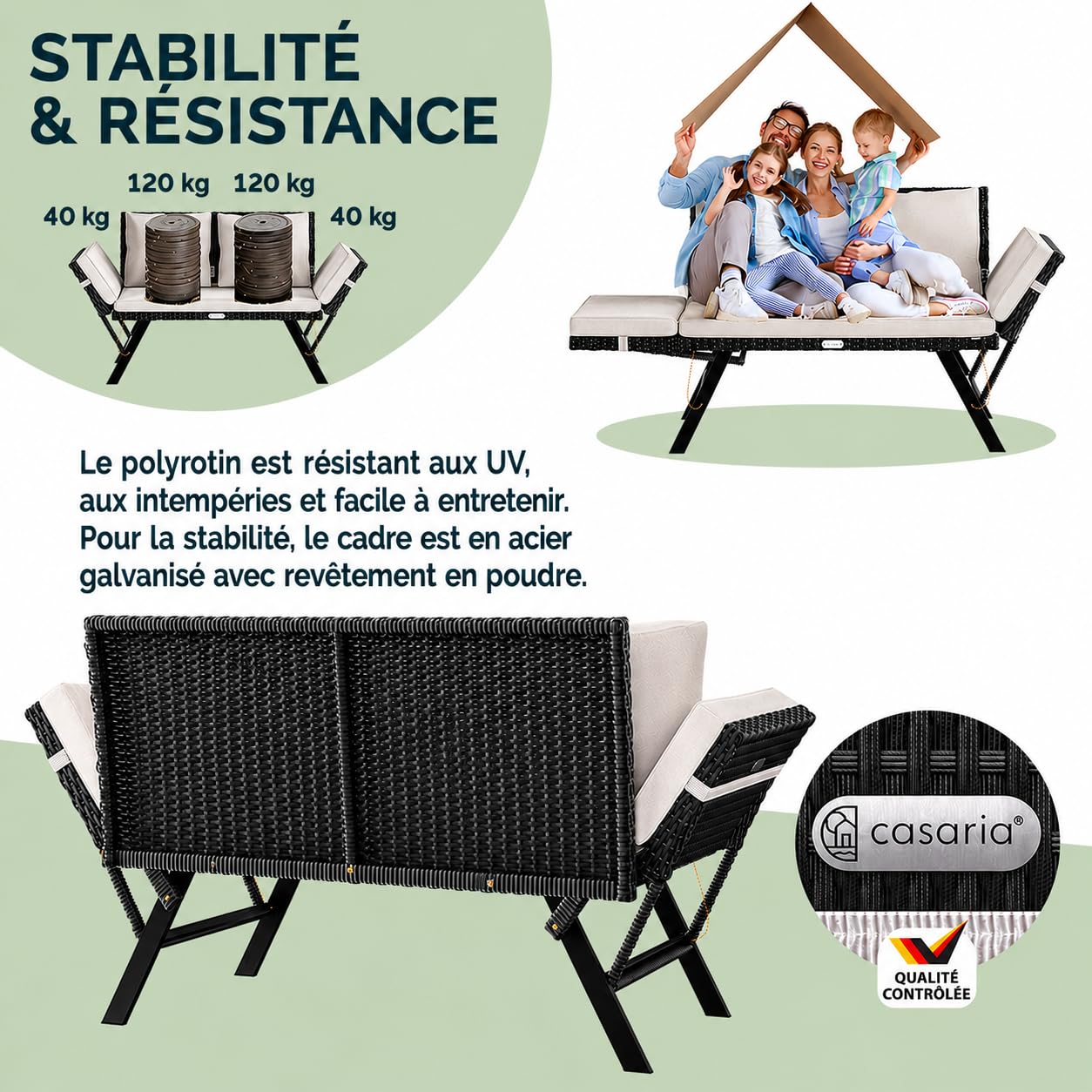 Casaria® Banc de Jardin Noir/Blanc polyrotin Fonction Chaise Longue réglables Extérieur Jardin Terrasse Balcon Canapé