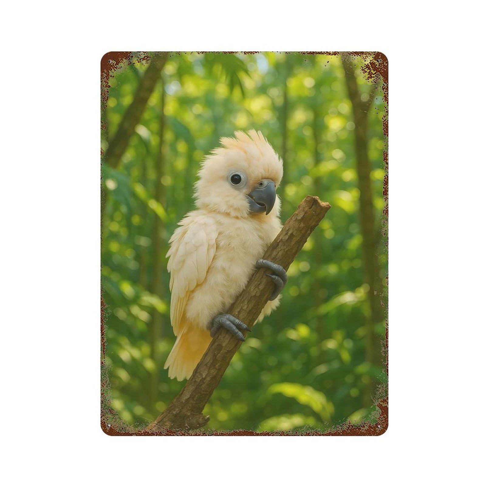 Aged Metal Wall Plaque with Cute Cockatoo Perched on Branch Design 15.7"x11.8", for Pub, Kitchen And Man Cave Decor, Shabby Chic Decor
