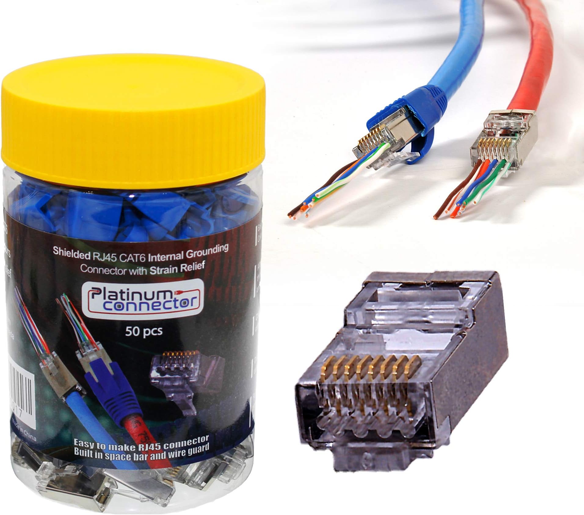 Platinum Connector RJ45 Cat6a/6 FTP snap in clips with Boots (50 count each) - pass through makes connector assembly much easier and less prone to miss-wiring