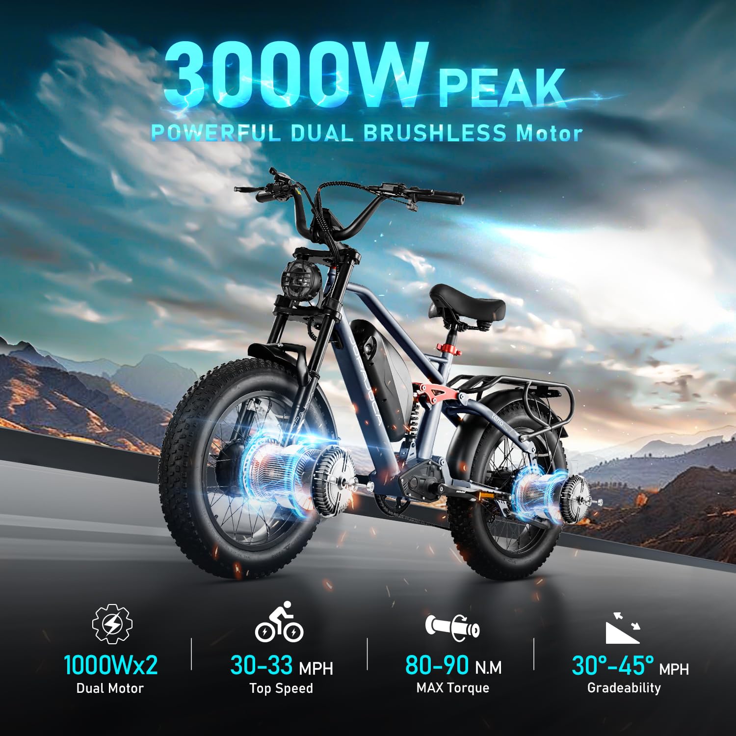 (2025 Upgraded) Eahora X7 Peak 3000W Dual Motor Electric Bike for Adults 48V 20A 30-33MPH 80-120Miles Long Range Adult EBike Dual Hydraulic Brakes Full Suspension Electric Bicycle