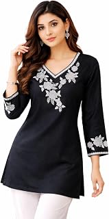 HESVI Women’s Rayon Embroidered Short Kurti | A-Line V-Neck Kurta Top | 3/4 Sleeve Ethnic Tunic for Women Price In India