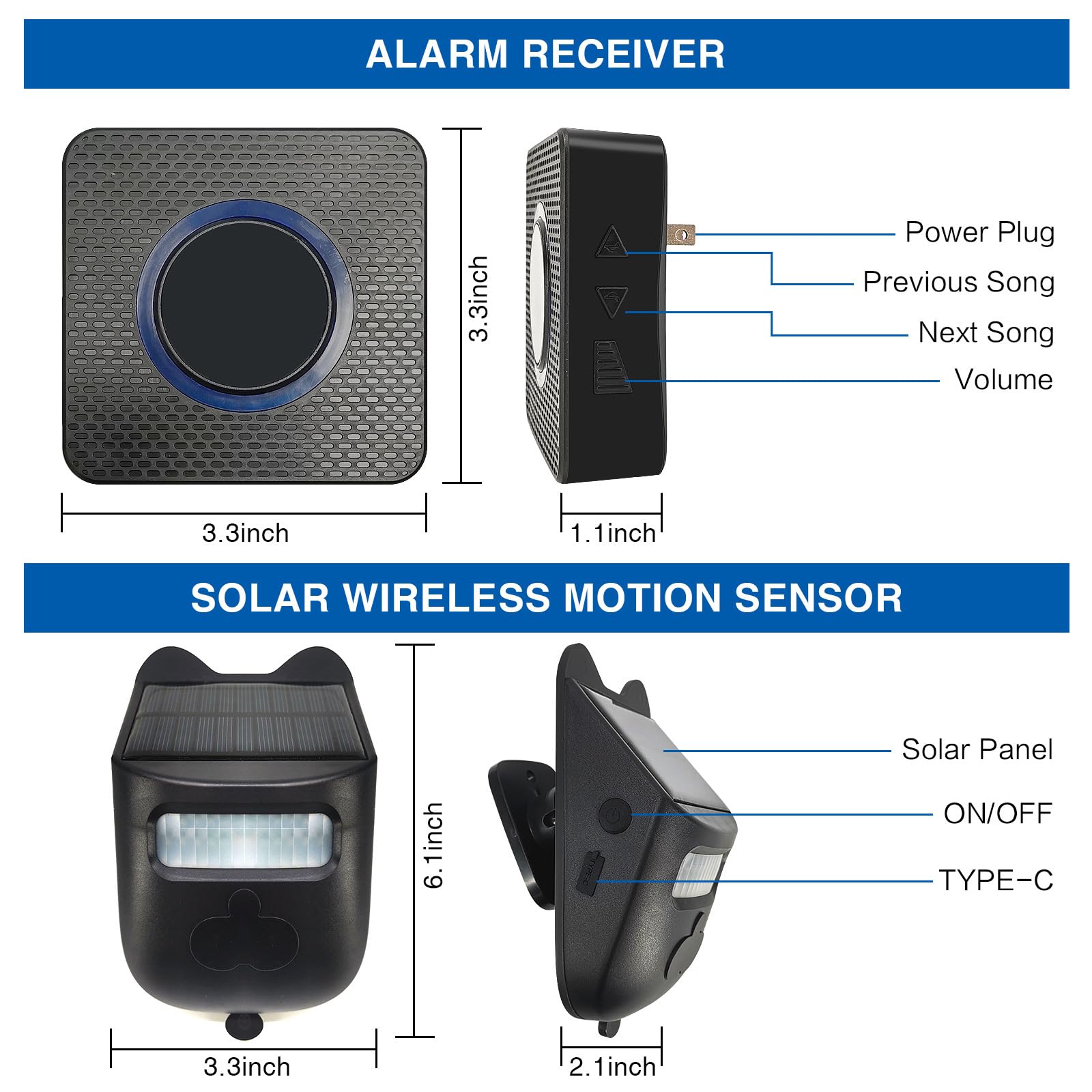 Solarny alarm na podjeździe, bezprzewodowy czujnik ruchu dalekiego zasięgu o zasięgu 984 stóp, zewnętrzny, odporny na warunki atmosferyczne czujnik ruchu, dzwonek do drzwi, regulowana czułość