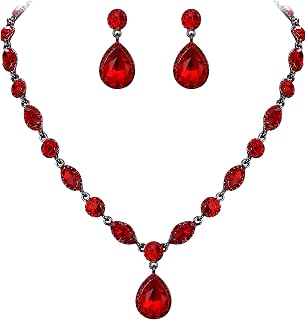Women's Wedding Bridal Jewelry Set for Brides Bridesmaids, Crystal Teardrop Necklace Dangle Earrings Jewellery for Party Prom