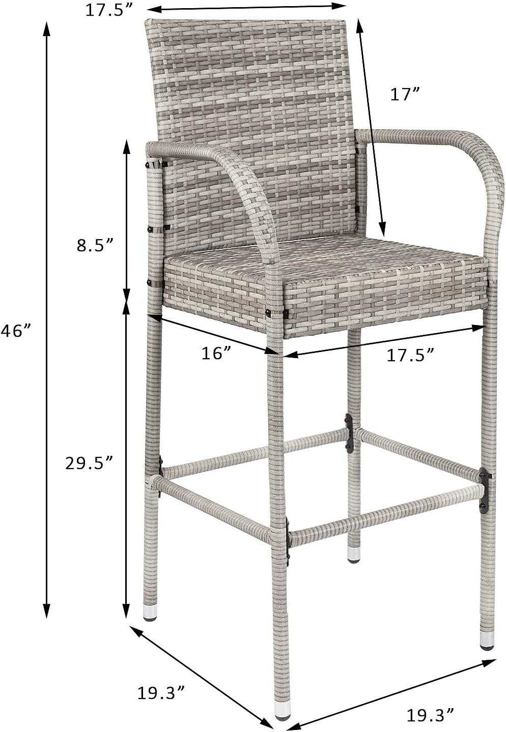 Homall Patio Bar Stools Wicker Barstools Indoor Outdoor Bar Stool Patio Furniture with Footrest and Armrest for Garden Pool Lawn Backyard Set of 2 (Gray)