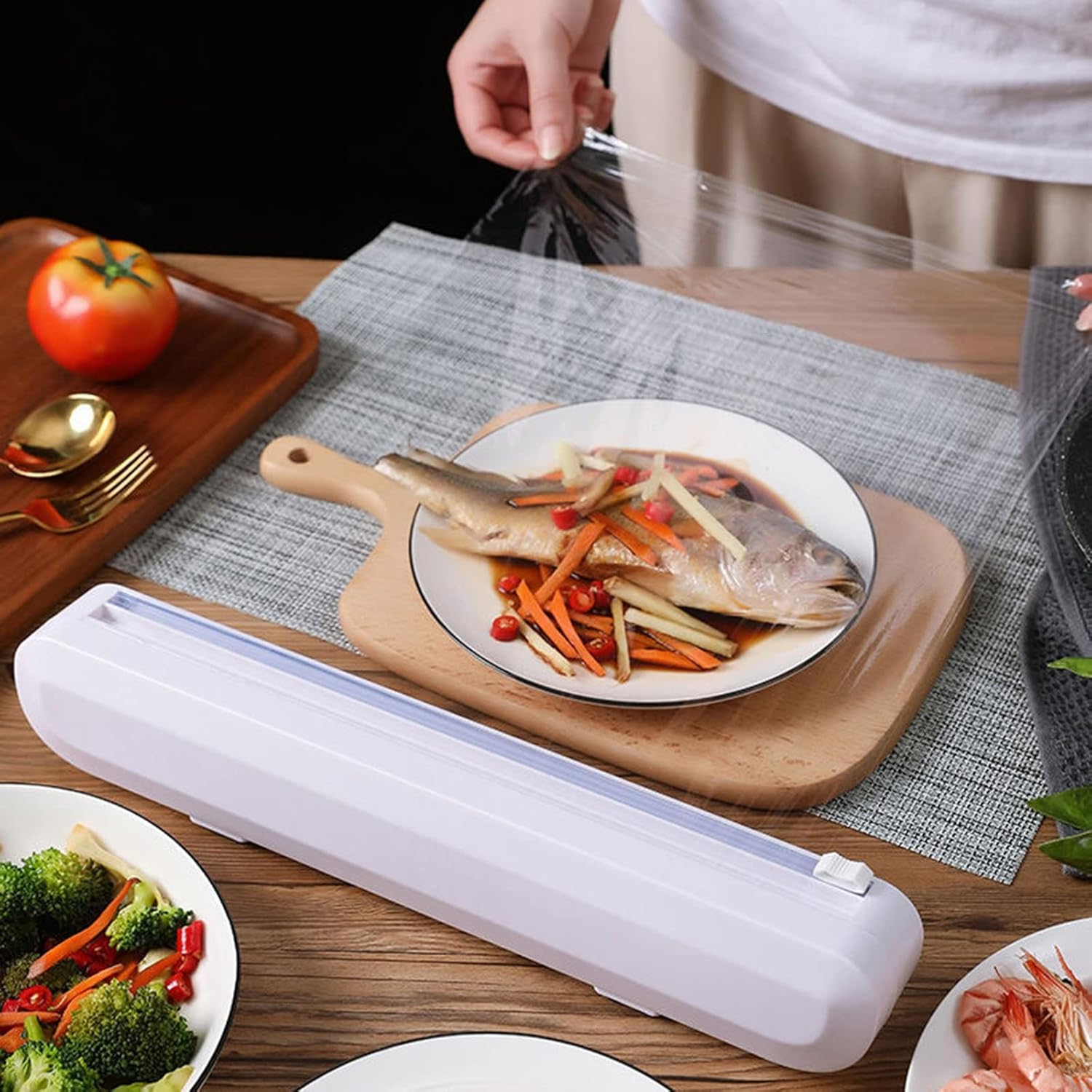 Plastic Wrap Dispenser with Cutter,Reusable Food Wrap Cutter, Cling Film Cutter for Kitchen Drawer,Hangable and Easily fits in Drawer Cutting, White