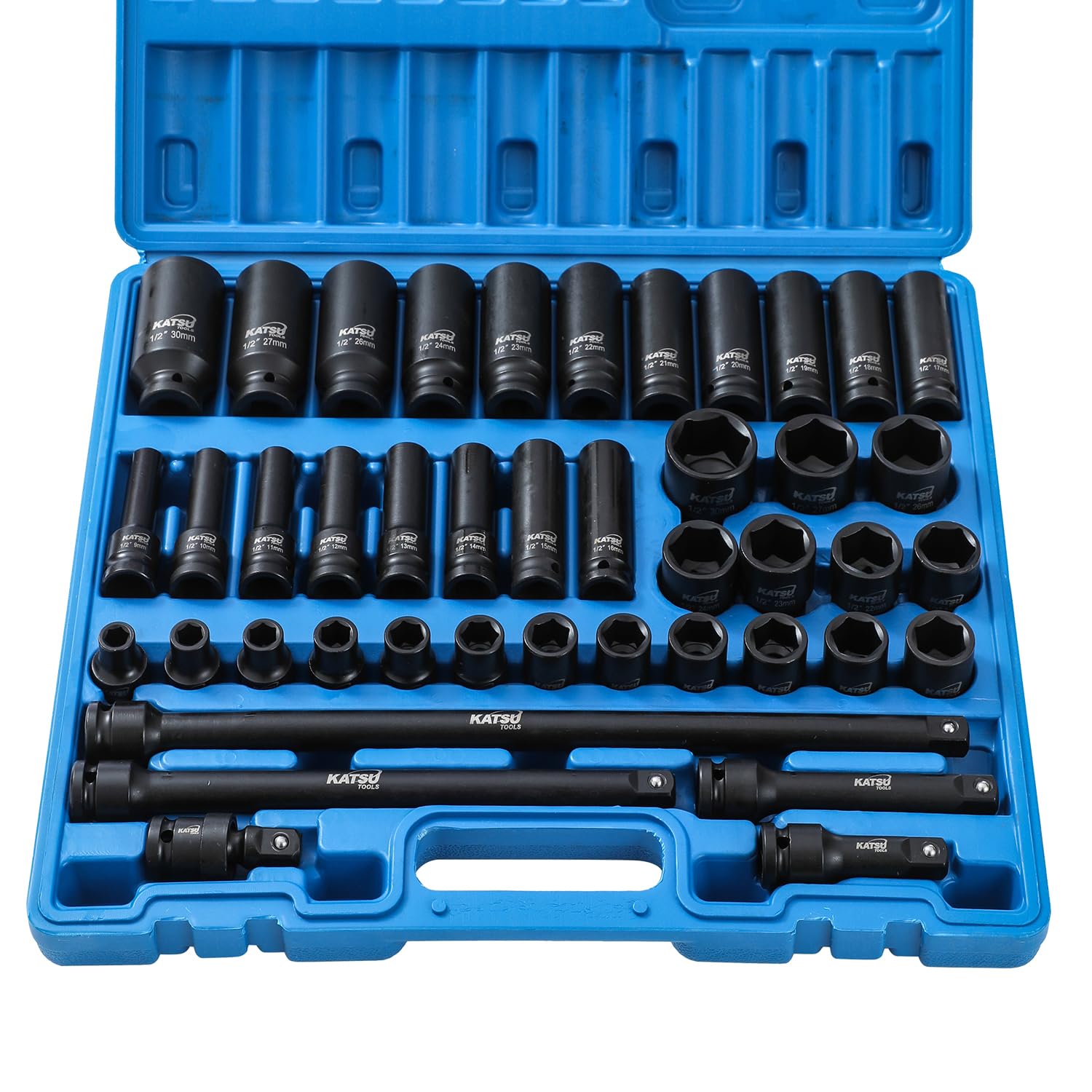 KATSU Tools Zestaw 43 szt. wytrzymałych nasadek udarowych 1/5.1 cm Napęd 6-punktowy 9-30 mm metryczny standardowy/głęboki zestaw nasadek udarowych, stal stopowa chromowo-wanadowa, narzędzie