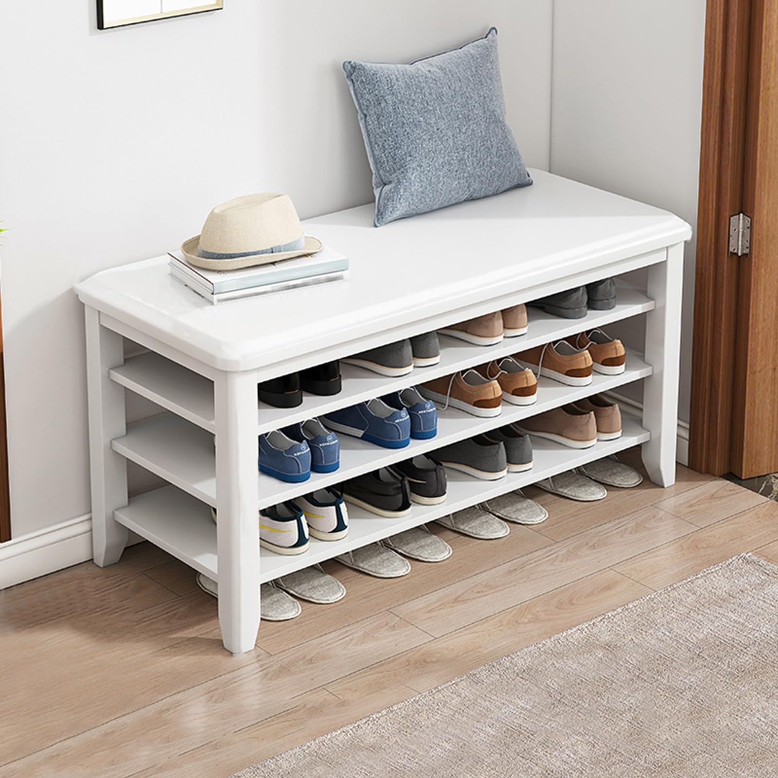 Banc à chaussures blanc en bois massif de 80 cm avec rangement réglable
