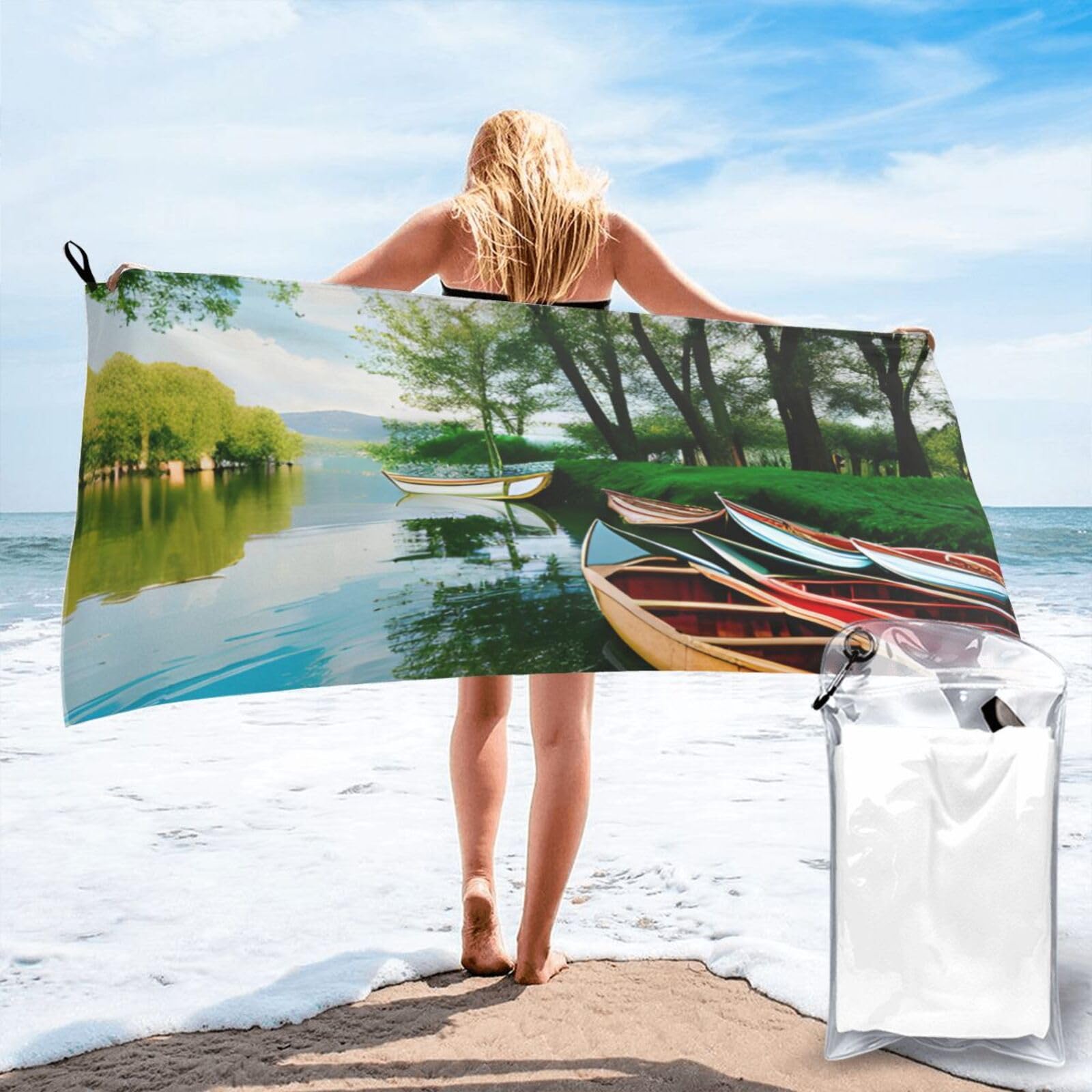 pojknbv Lake With Boats Canoes Park Print Travel Gym Towel For Beach Camping Hiking Yoga Lightweight Reusable Versatility