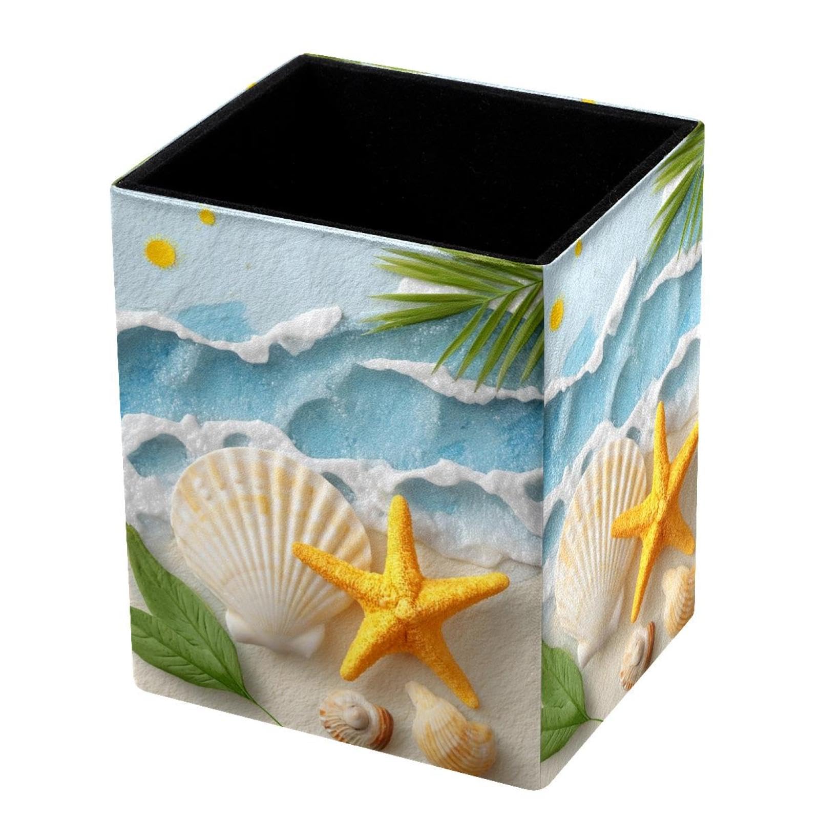 VAPOKF Pencil Holders for Desk, Beach Starfish Printed Pen Holders Pen Pot Makeup Brushes Storage Desktop Stationery Supplies Organiser for Home Office